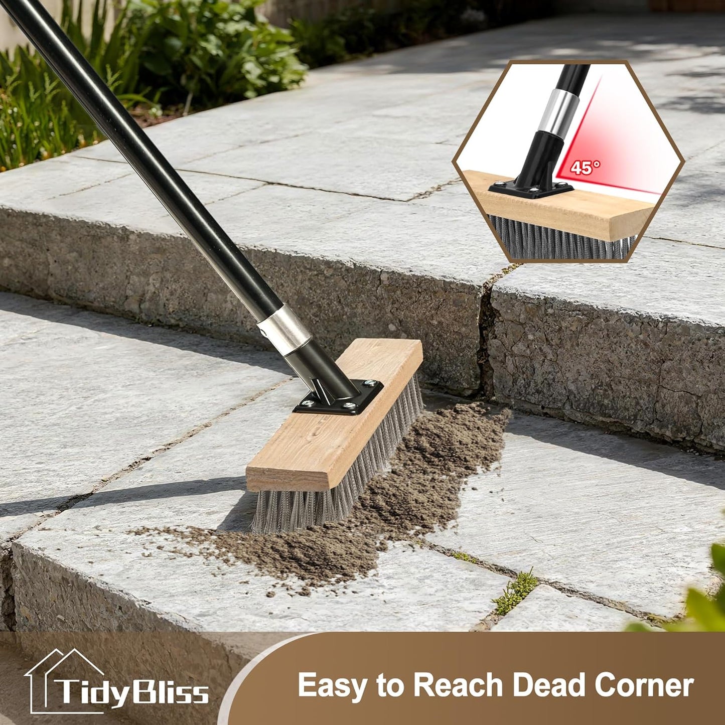 Stainless Steel Wire Scrub Brush with Long Handle, Heavy Duty Stiff Metal Broom Scrubber, Outdoor Moss Removal for Concrete Floor, Deck, Garden, Patio, Roof, Brick, Garage, Swimming Pool