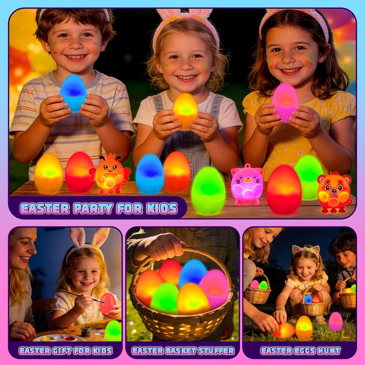 Prefilled Easter Eggs with Light Up 3D Animal Pop Toys, 24 Pack Easter