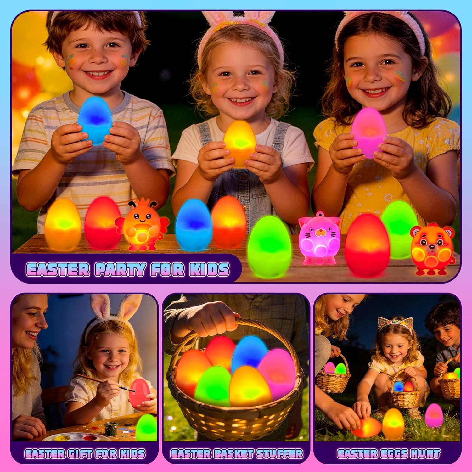 Prefilled Easter Eggs with Light Up 3D Animal Pop Toys, 24 Pack Easter