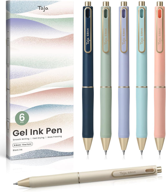 Taja Gel Pens, 6 Pcs Quick Dry Black Gel Ink Pens, 0.5mm Fine Point Sm
