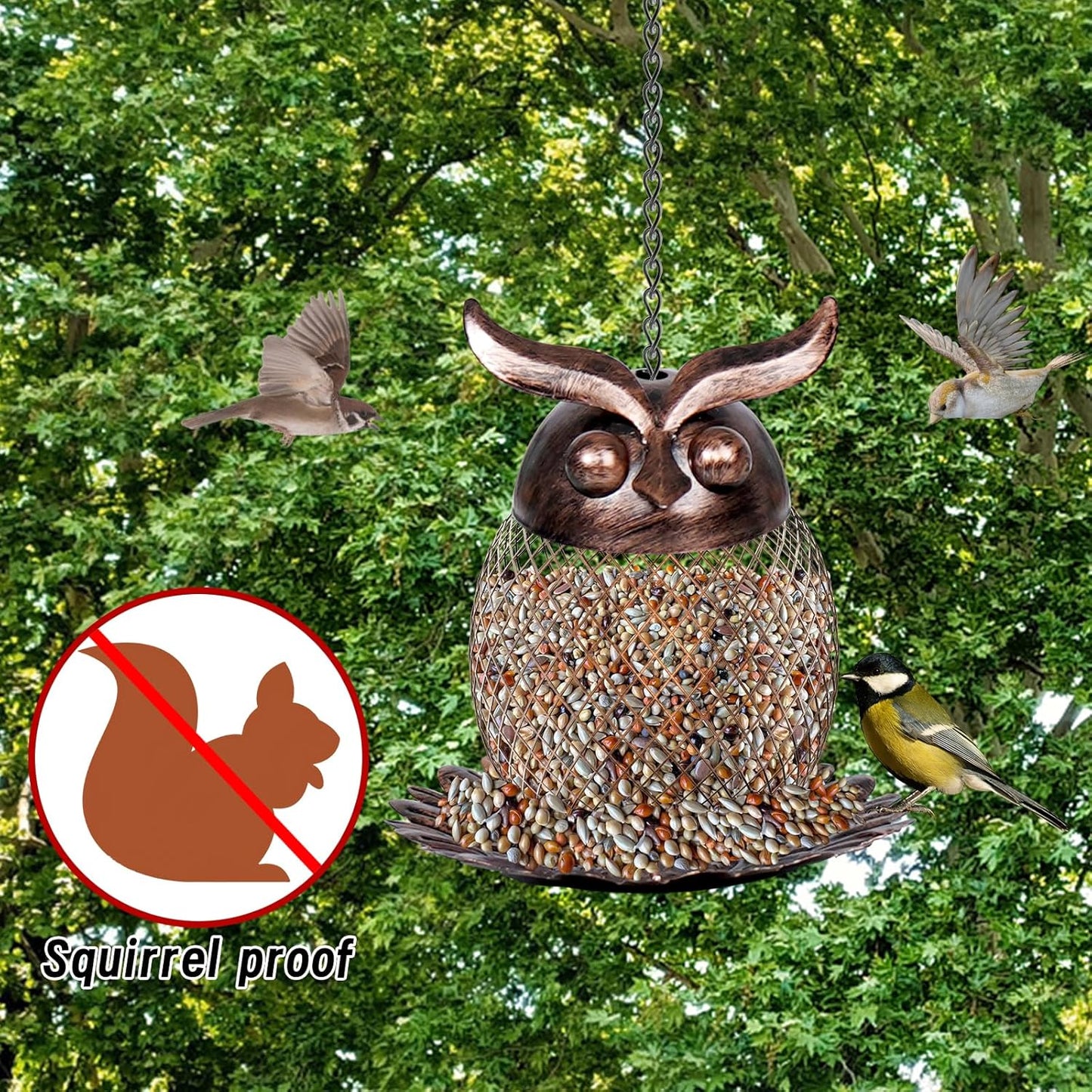 Bird Feeders for Outdoors, Metal Hanging Wild Birdfeeder with Hook for Outside Garden Yard Decor, Owl Shaped Mesh Bird Seed Feeder for Bluebird Cardinal Finch Sparrow Blue Jay