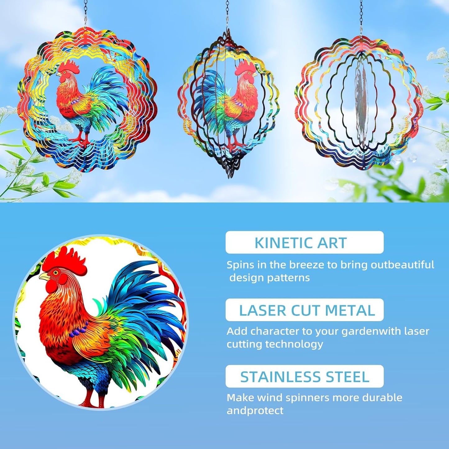 Chicken Wind Spinners Outdoor,12 inch 3D Hanging Wind Spinner Garden Decor Rooster Gifts for Women Men,Metal Wind Catchers Kinetic Sculpture for Outdoor Silhouette,Yard Art,Porch,Patio Decoration