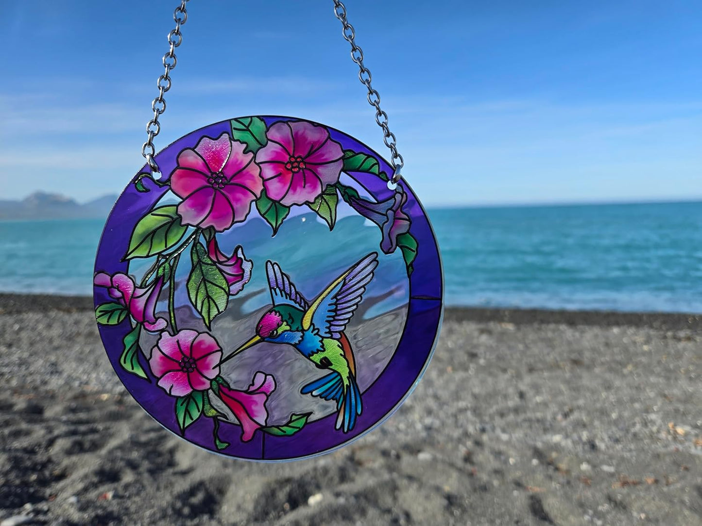 Stained Glass Window Hanging, Hummingbird Gifts for Women, Bird and Flowers Suncatcher for Window, 6" Purple Sun Catchers, Hand Painted Glass for Birds Lover (6 inch)