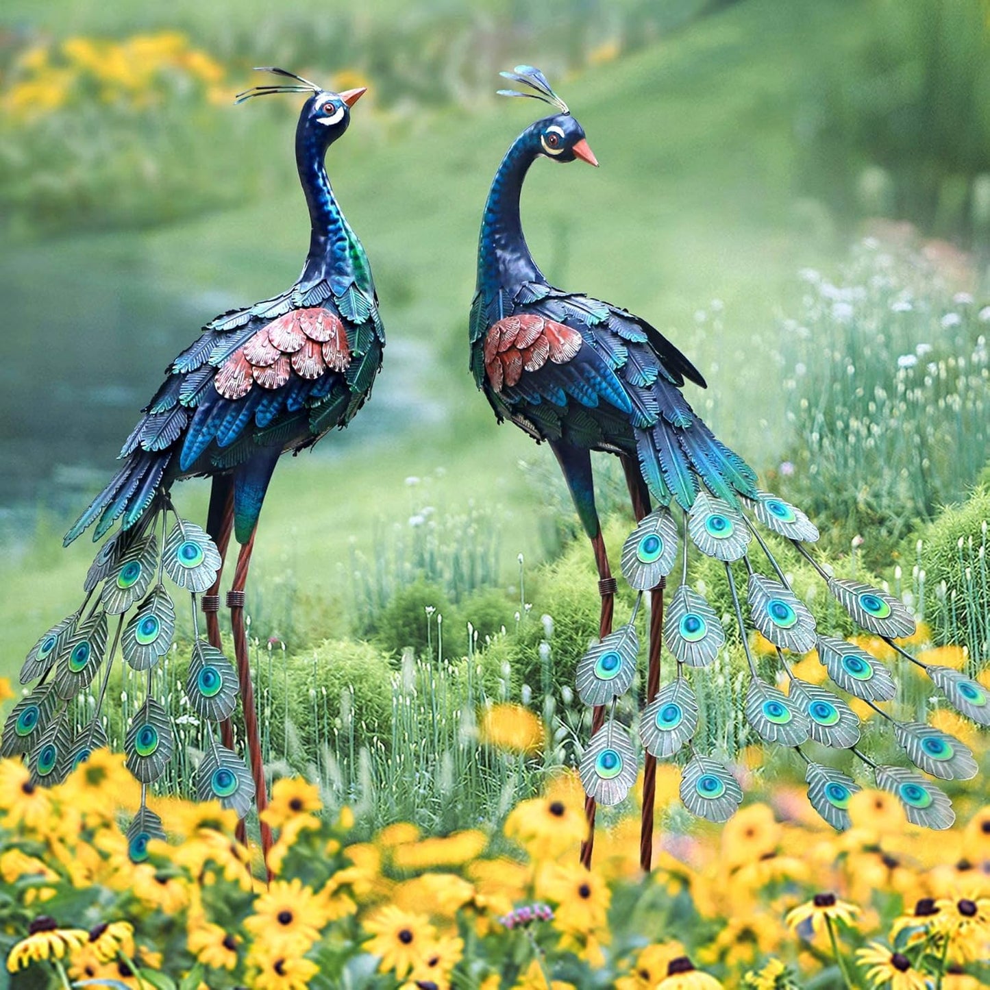 chisheen Garden Decor Outdoor Statues, Metal Peacock Decor for Outside, Garden Art Sculptures Standing for Patio Yard Lawn Home Decorations, Set of 2