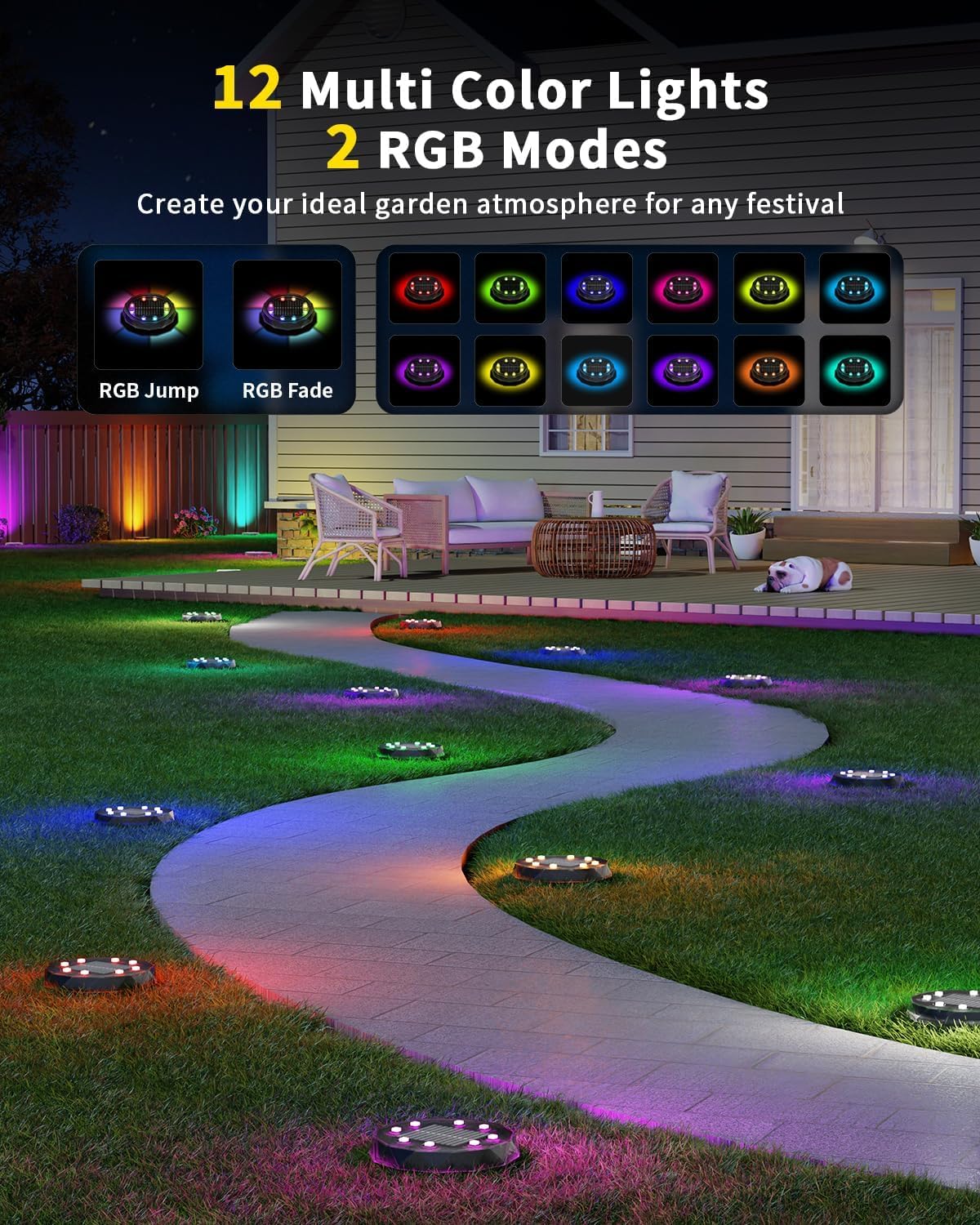 Solar Ground Lights with Remote, 15 Multi Color Solar Garden Lights Wa