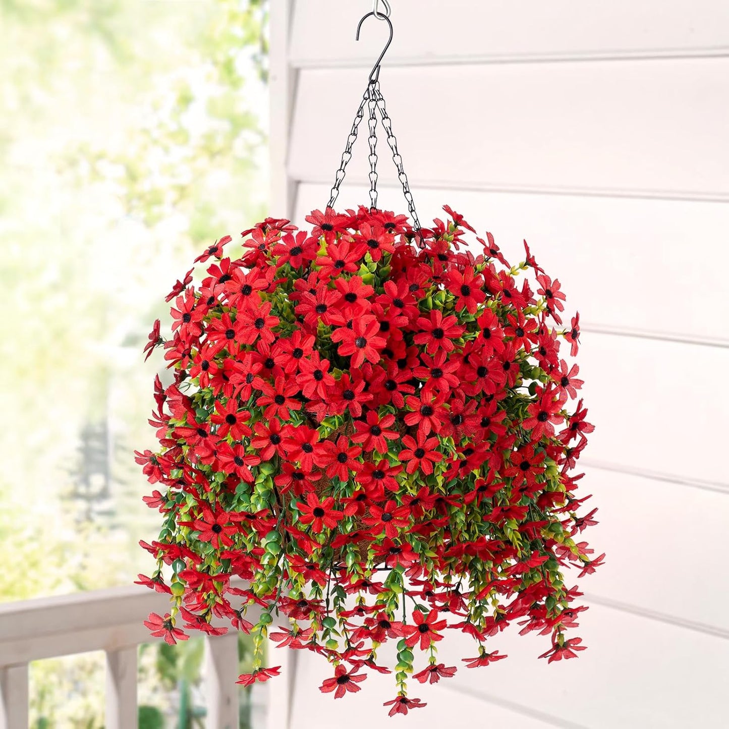 Artificial Fake Spring Summer Hanging Flowers Plants with Basket Outdoor Flower Decor, Faux Silk Colorful Daisy in Metal Coconut Lining Pot Plastic Decor Farmhouse Home Garden (Red)