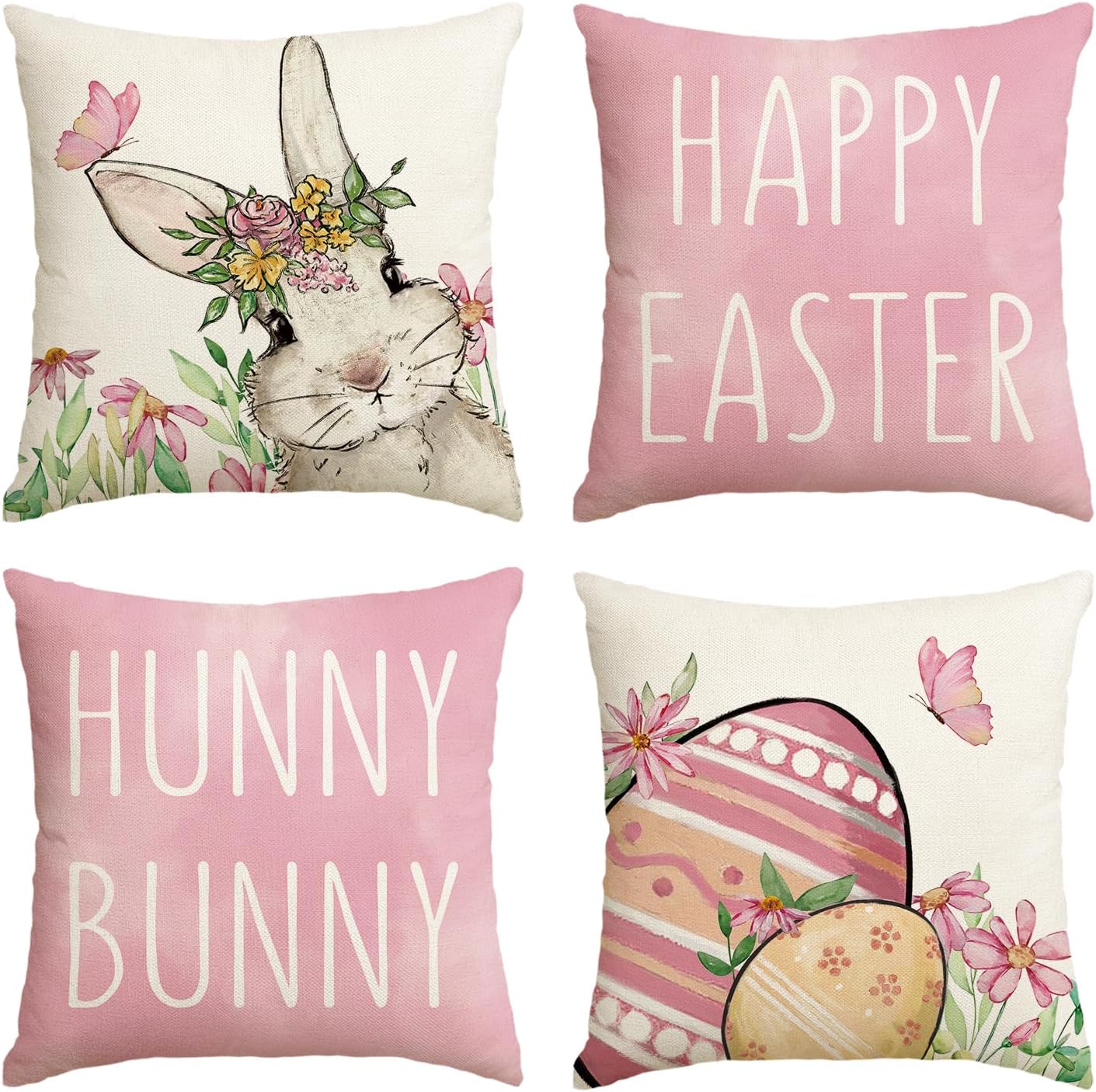 AVOIN colorlife Happy Easter Hunny Bunny Pink Throw Pillow Covers, 18 x 18 Inch Easter Eggs Bunny Spring Cushion Case for Sofa Couch Set of 4
