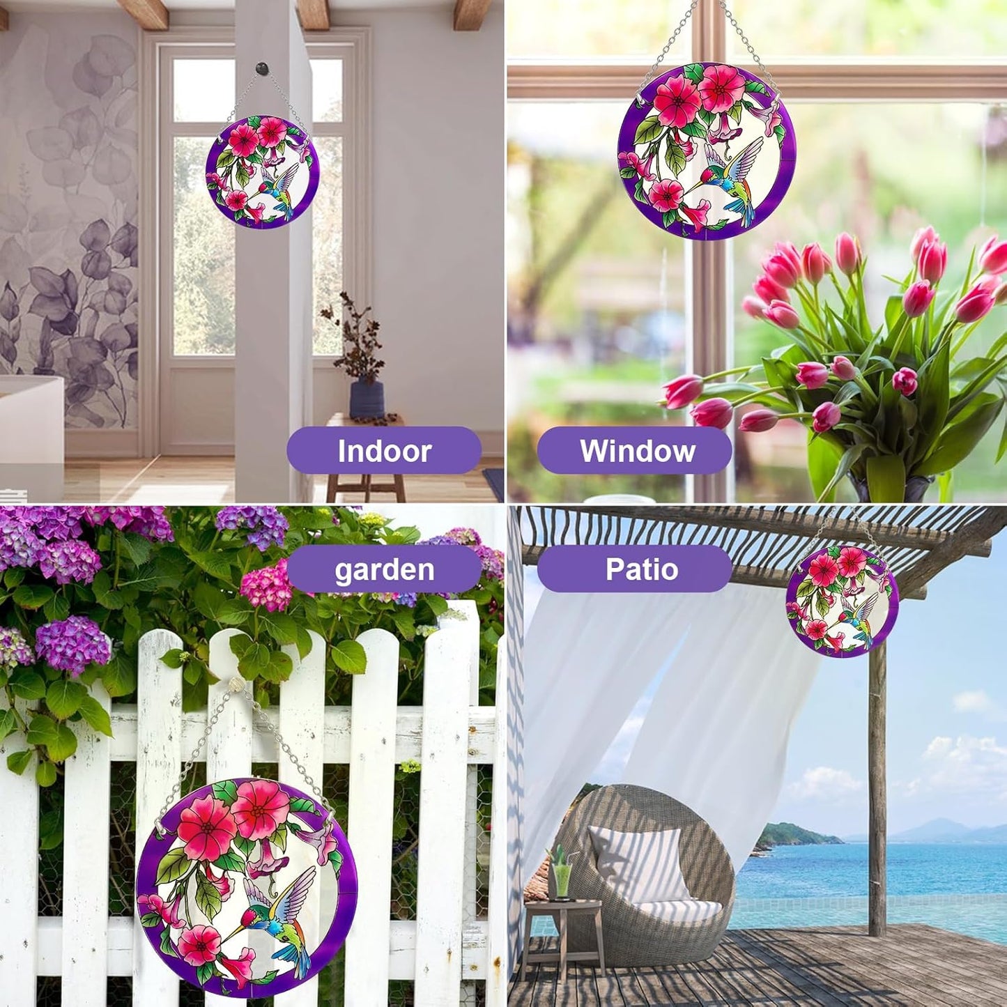 Stained Glass Window Hanging, Hummingbird Gifts for Women, Bird and Flowers Suncatcher for Window, 6" Purple Sun Catchers, Hand Painted Glass for Birds Lover (6 inch)