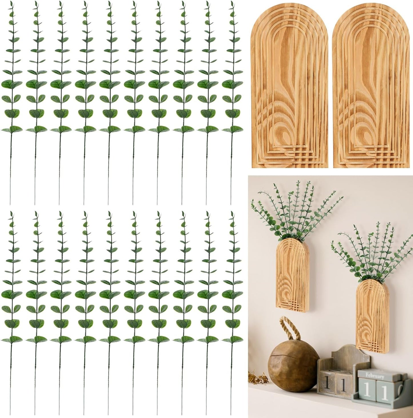 2 Pack 15" Wooden Wall Vase with 20 Pcs Artificial Eucalyptus Leaves Stems Planter, Boho Modern Farmhouse Bathroom Hanging Planter for Wedding, Hallway, Bedroom, Living Room