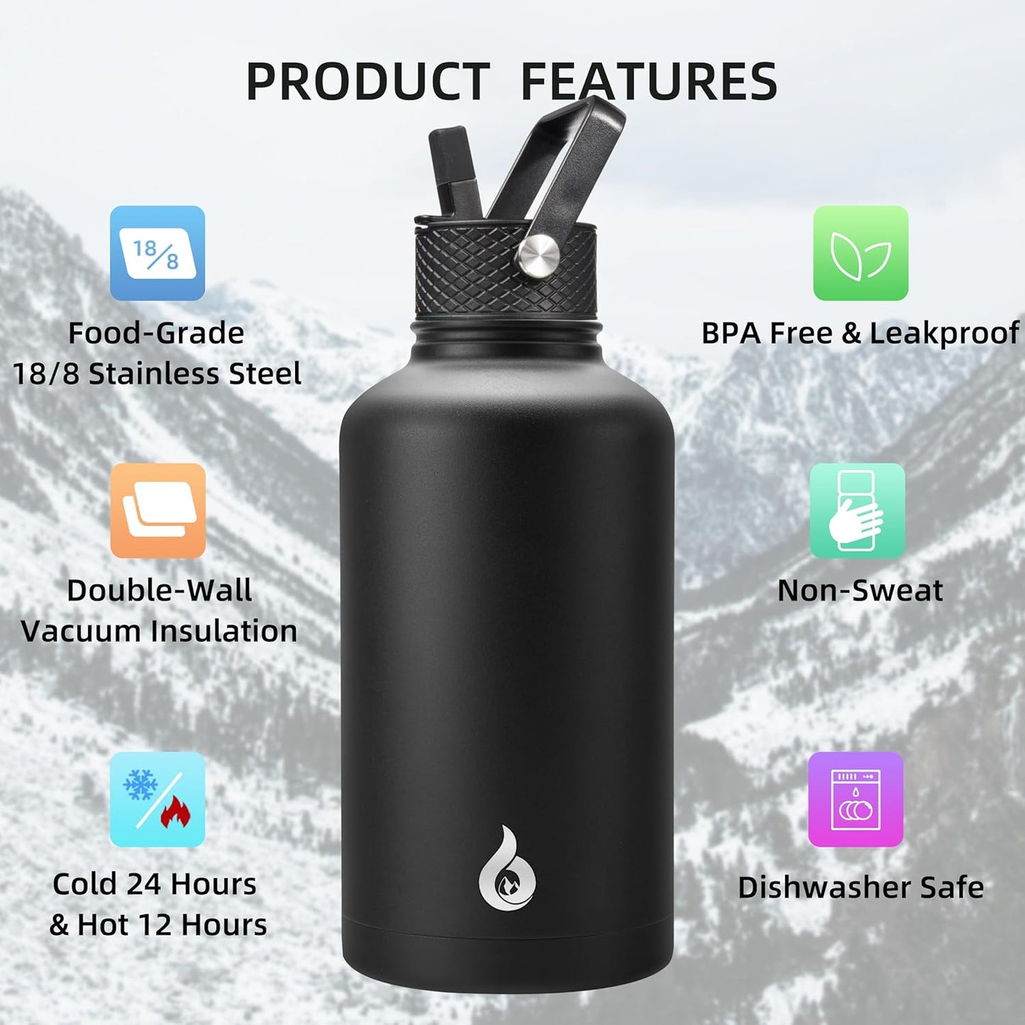 BJPKPK Half Gallon Insulated Water Bottles with Straw Lid, 64oz Large Water Jug, Stainless Steel Bottles with 3 Lids and Paracord Handle, Thermo for Hot & Cold Liquid, Black