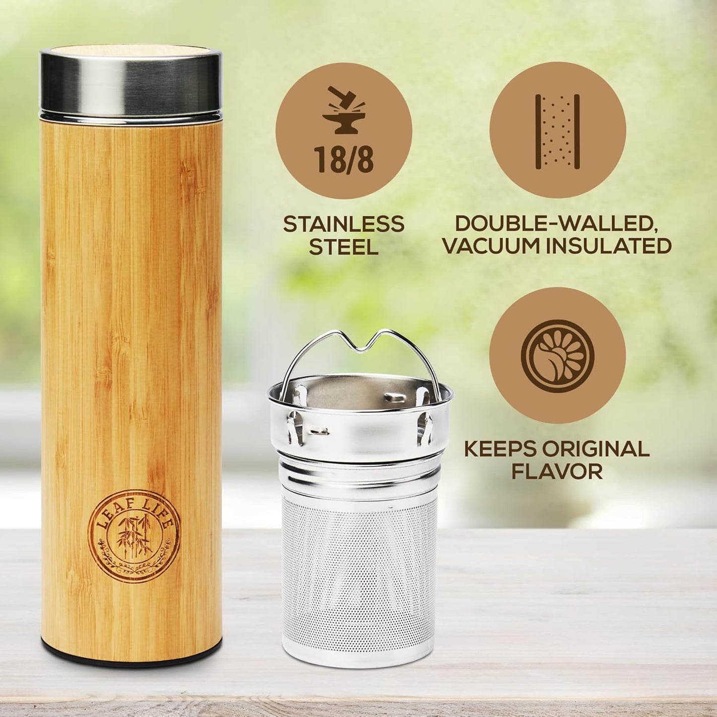 LeafLife Premium Bamboo Tea Bottle for Loose Tea - Tea Infuser Bottle 