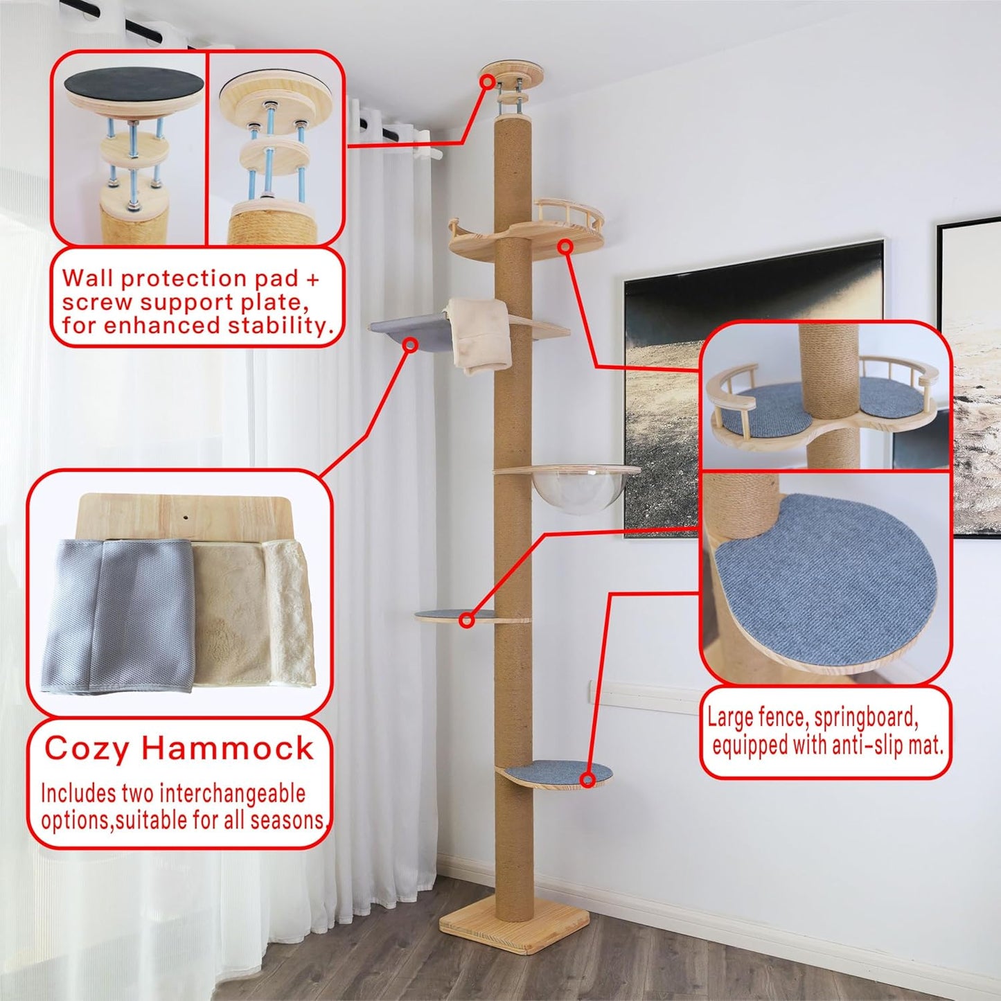 Floor to Ceiling Cat Tree Height (50-120in) Adjustable Cat Tower 5 Tie