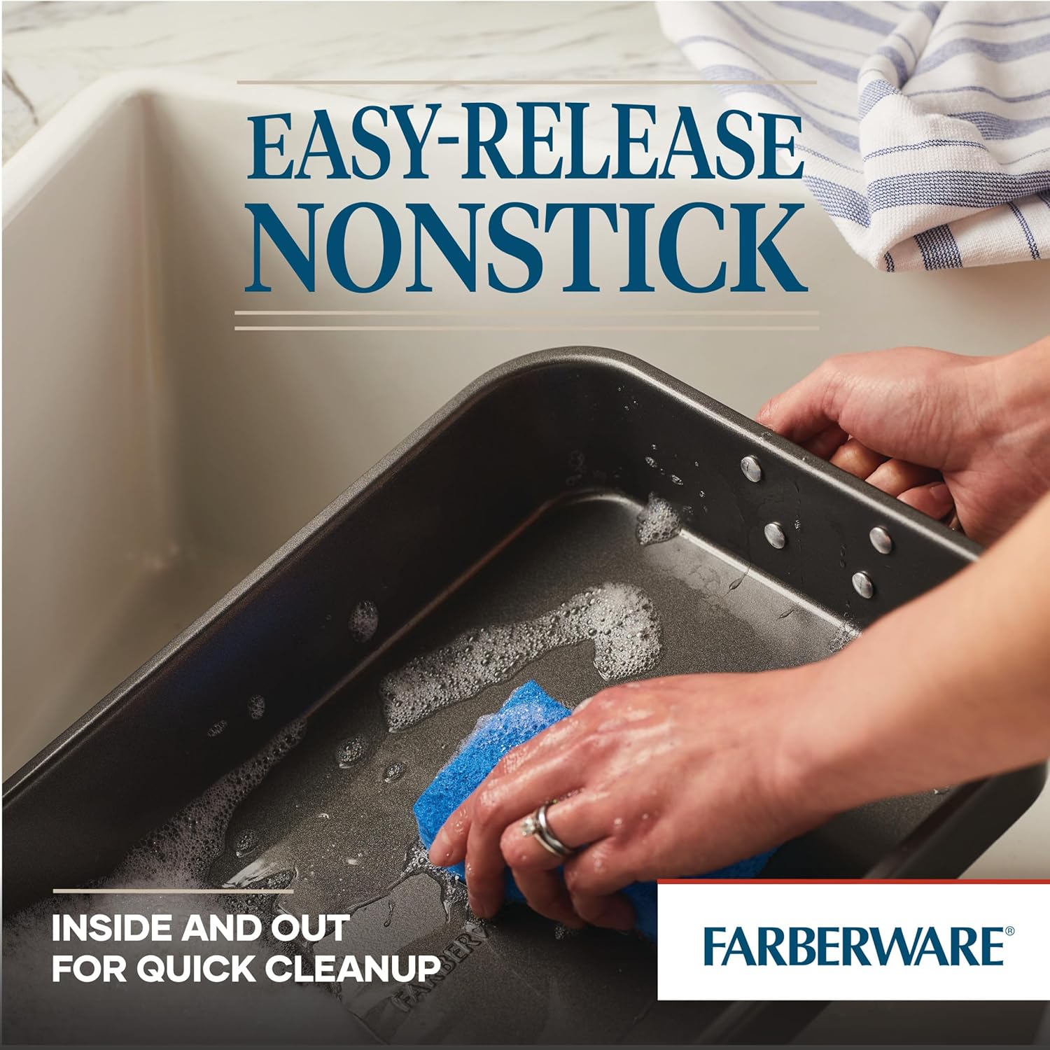 Farberware Bakeware Nonstick Steel Roaster with Flat Rack, 11-Inch x 1