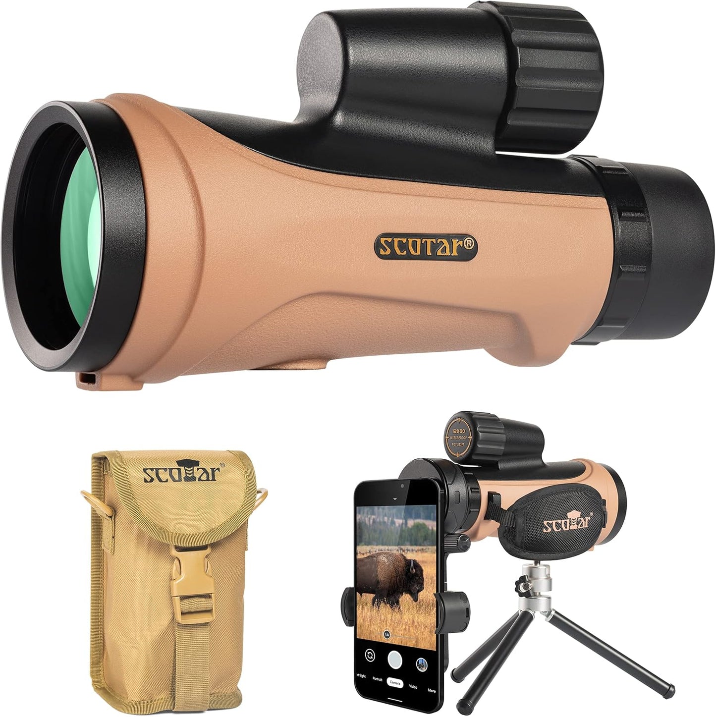 12x50 Monocular Telescope - FMC Fogproof, IP67 Waterproof Hand Held Telescope - BAK4 Phase and Dielectric Coated Prism - Adventure Accessories Set: Bag, Smartphone Adapter, Mini Tripod
