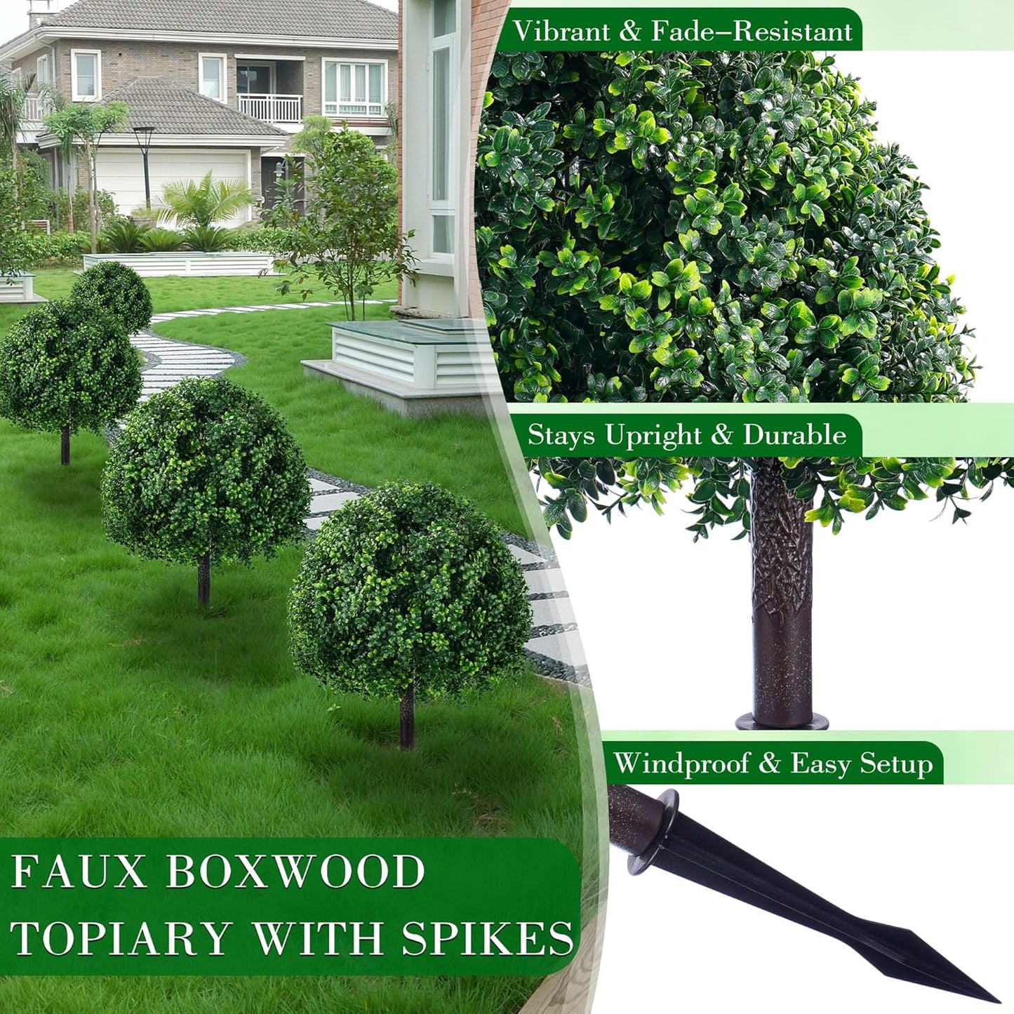 24'' Outdoor Artificial Topiary Boxwood Tree, Faux Plants Shurbs with Spike, 2 Set Topiary Ball Tree Waterproof UV Resistant Fake Pot Filler Plants for Porch Home Outside Garden Spring Decor