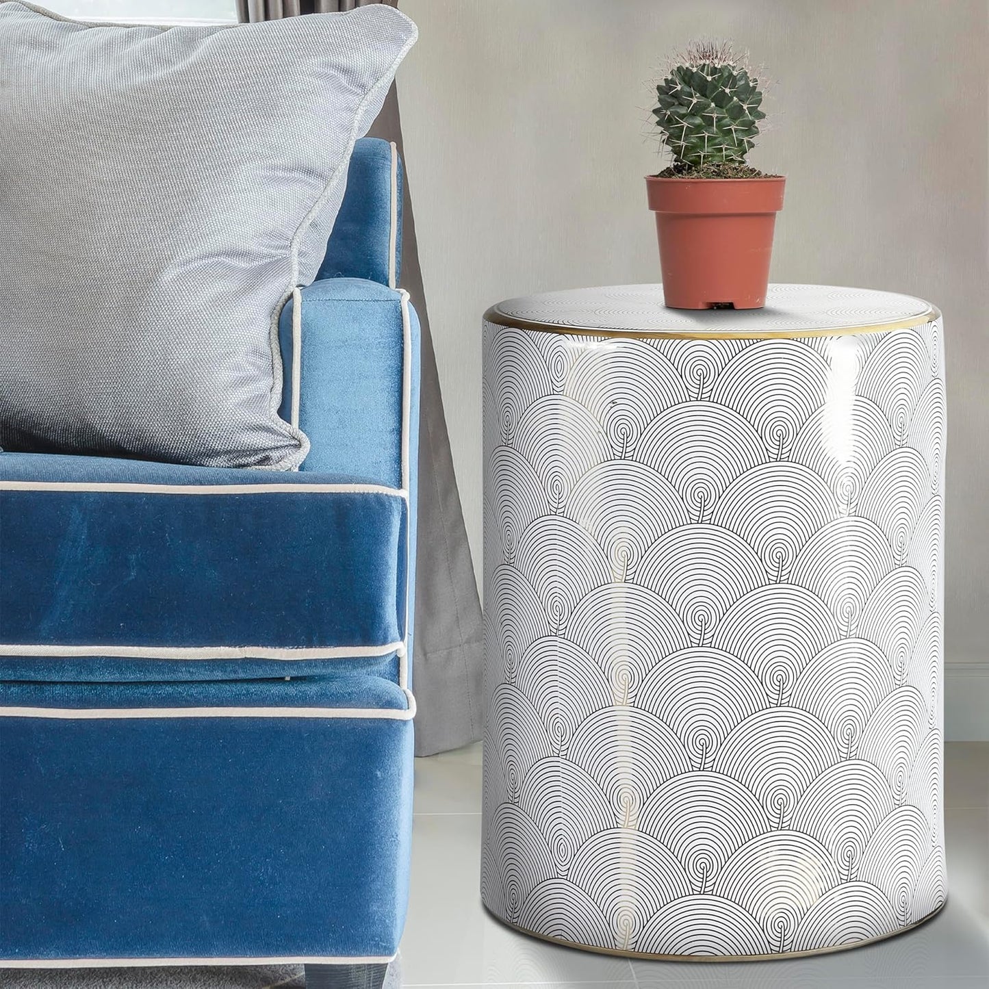 JONATHAN Y TBL1001A Fish Scale 17" Modern Ceramic Indoor/Outdoor Garden Stool, Coastal, Contemporary, Transitional, Side Table, Plant Stand, Spill-Proof, Living Room, Garden Room, Patio, White/Gold