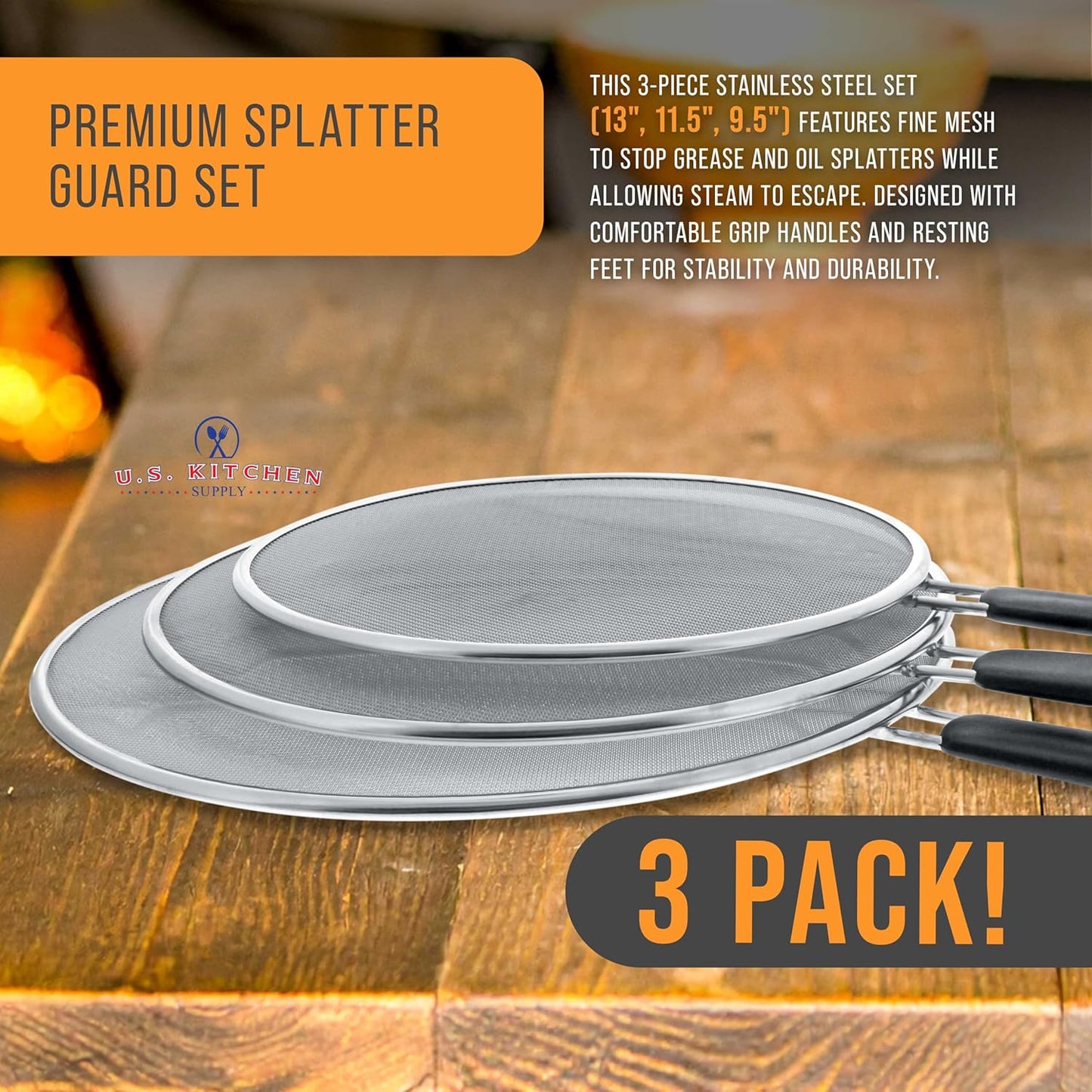 U.S. Kitchen Supply 3피스 스테인리스 스틸 스플래터 가드 세트 (33cm(13인치), 29.2cm(11.5인치), 24.1cm(9.5인치)) 파인 메시 커버, 그리스 및 오일, 프라이팬, 요리 냄비용 튀김 스크린, 휴식 발 및 편안한 그립 핸들 포함