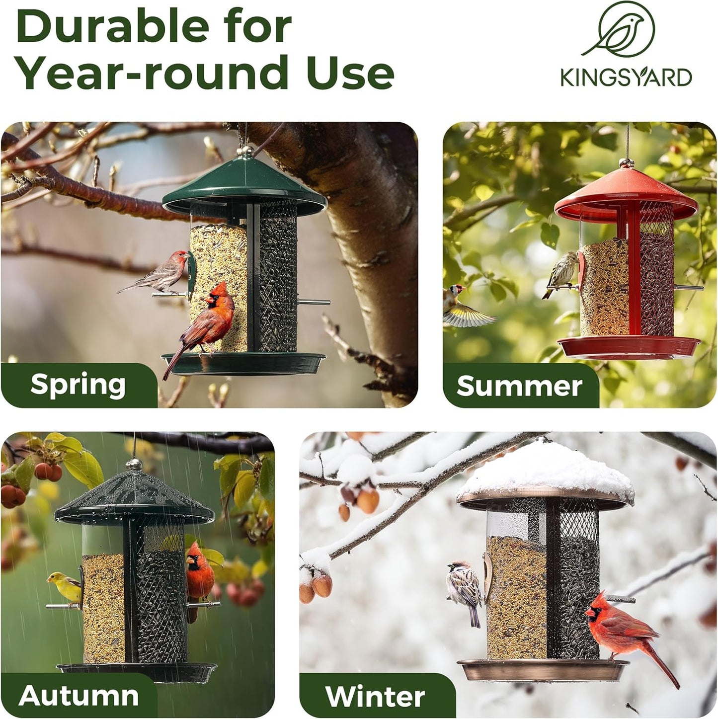 Kingsyard Metal Bird Feeder for Outdoor Hanging - Chew Proof Wild Bird Finch Cardinal Feeder with Dual Chamber of 4 lbs Capacity for Bluebird, Green