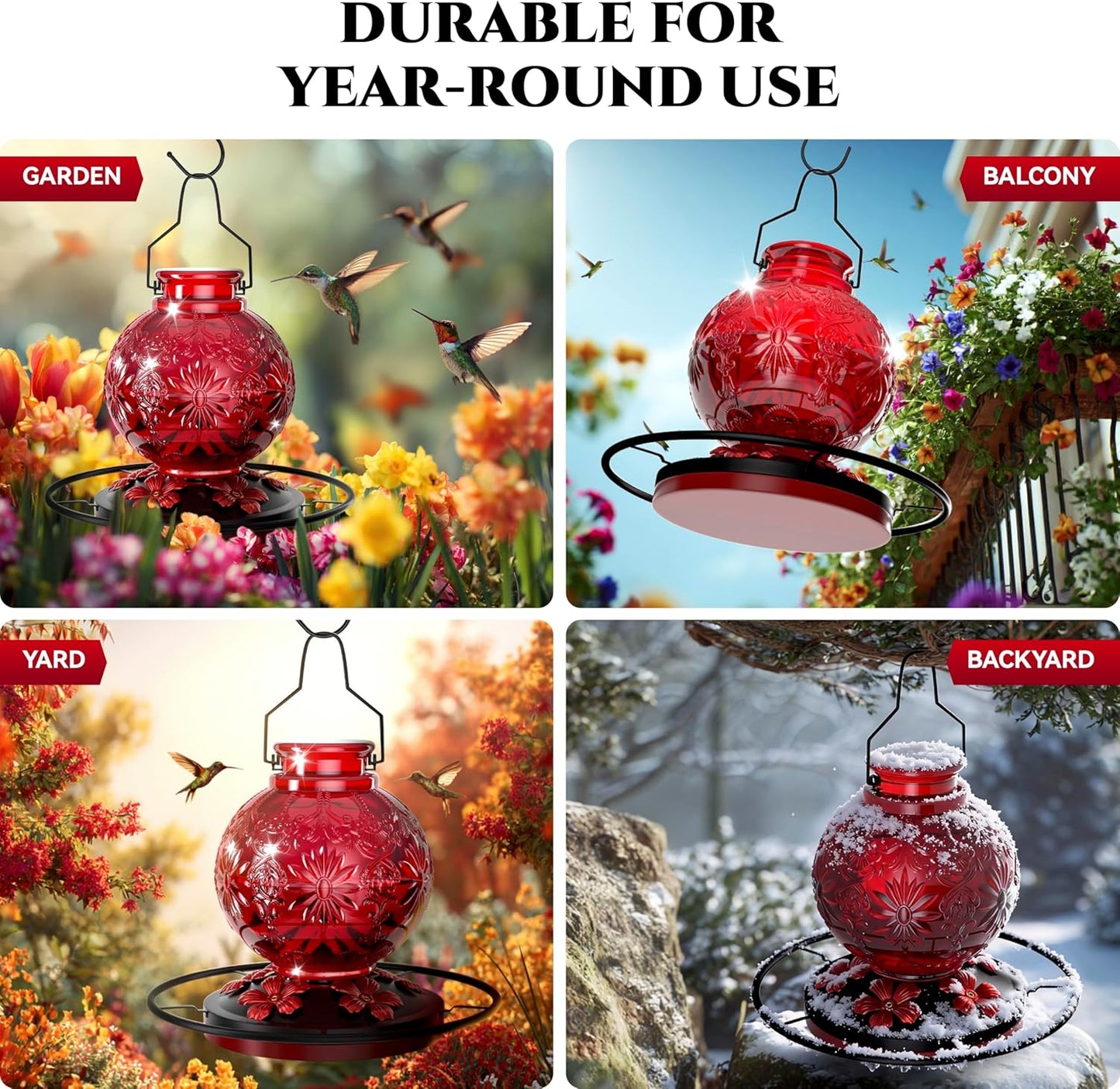 Glass Hummingbird Feeder for Outdoors, 25Oz Large Decorative Hanging H