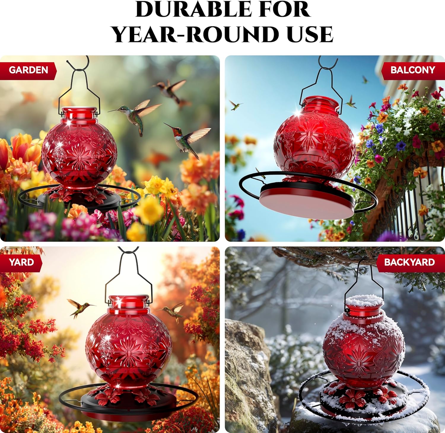 Glass Hummingbird Feeder for Outdoors, 25Oz Large Decorative Hanging H