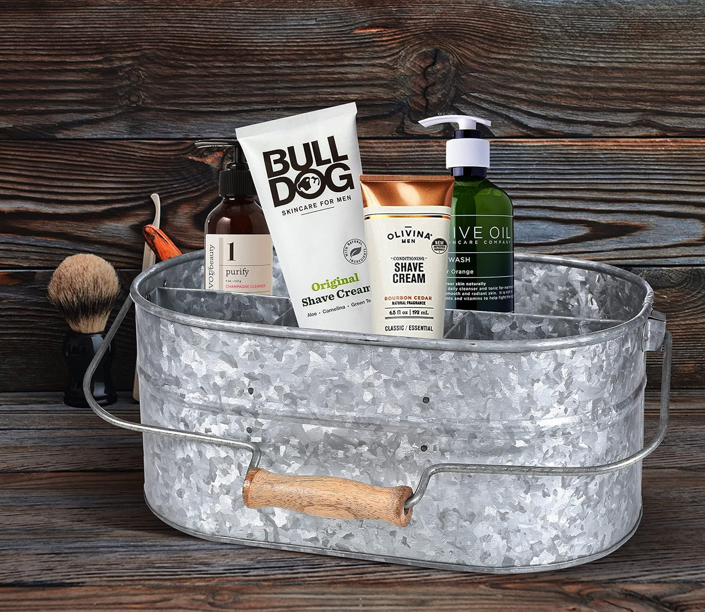 Light & Pro Multipurpose Galvanized Rustic Farmhouse Caddy - Metal 4 Compartment Storage Bin Caddy With Wooden Handle Perfect For Kitchen Utensils, Picnic, Garden Planter - Hammered - Antique Grey