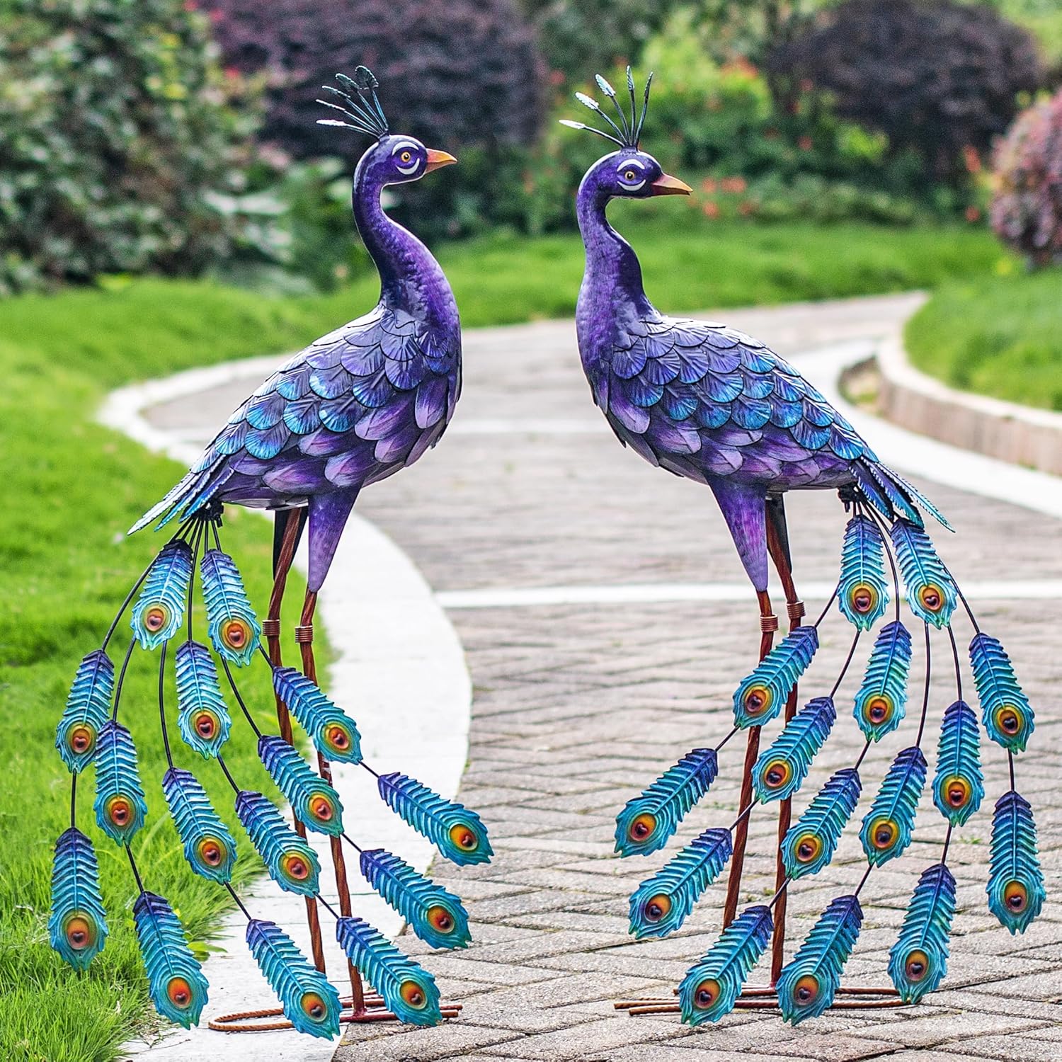Kircust Purples Peacock Garden Statue and Sculpture, Metal Peacocks Ya