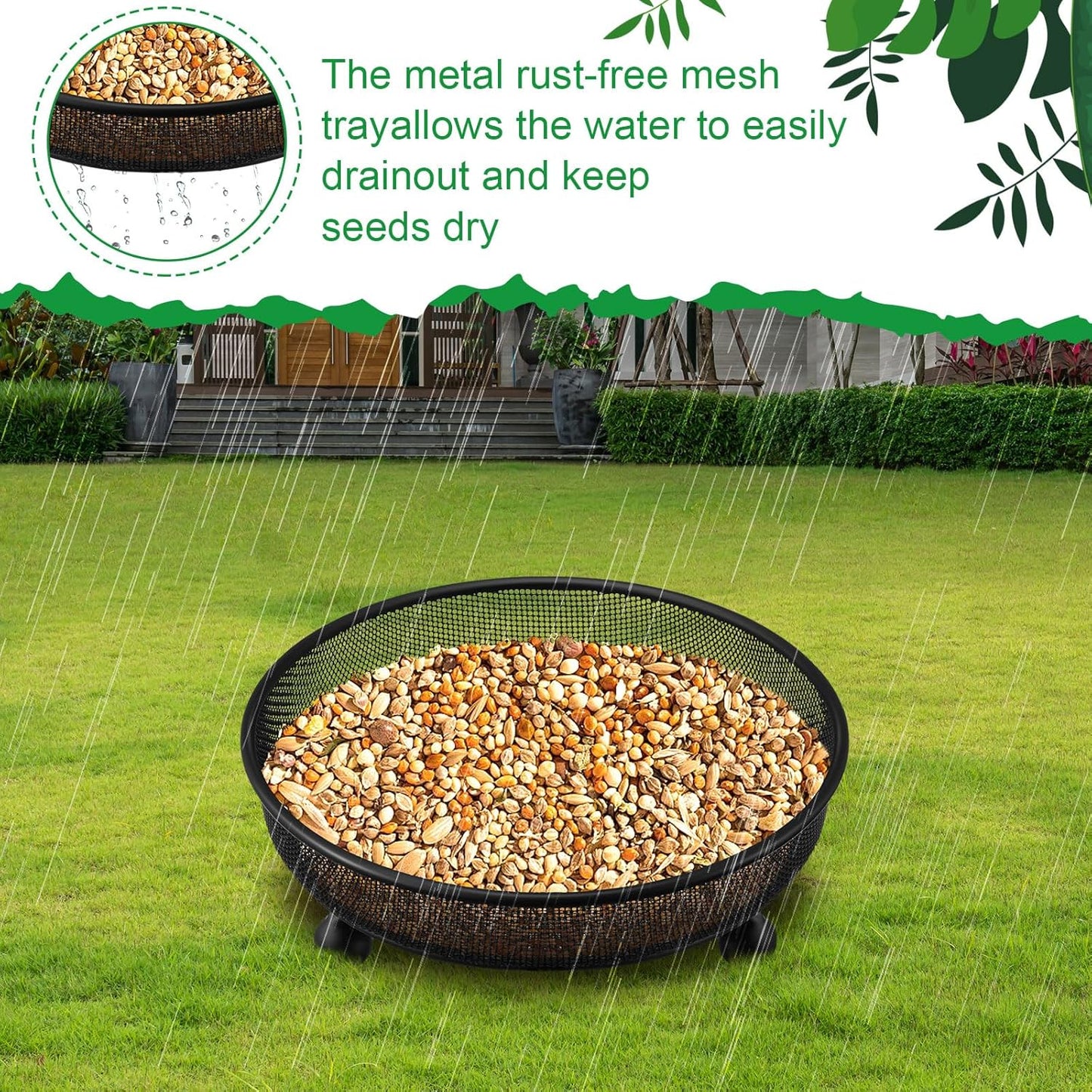 Nuogo 4 Pcs Ground Bird Feeder Tray 7 Inches Platform Bird Feeder for Outside Metal Squirrel Feeders Rust Resistant Mesh Seed Tray Garden Yard Decoration for Outdoor Wild Dove(Round)