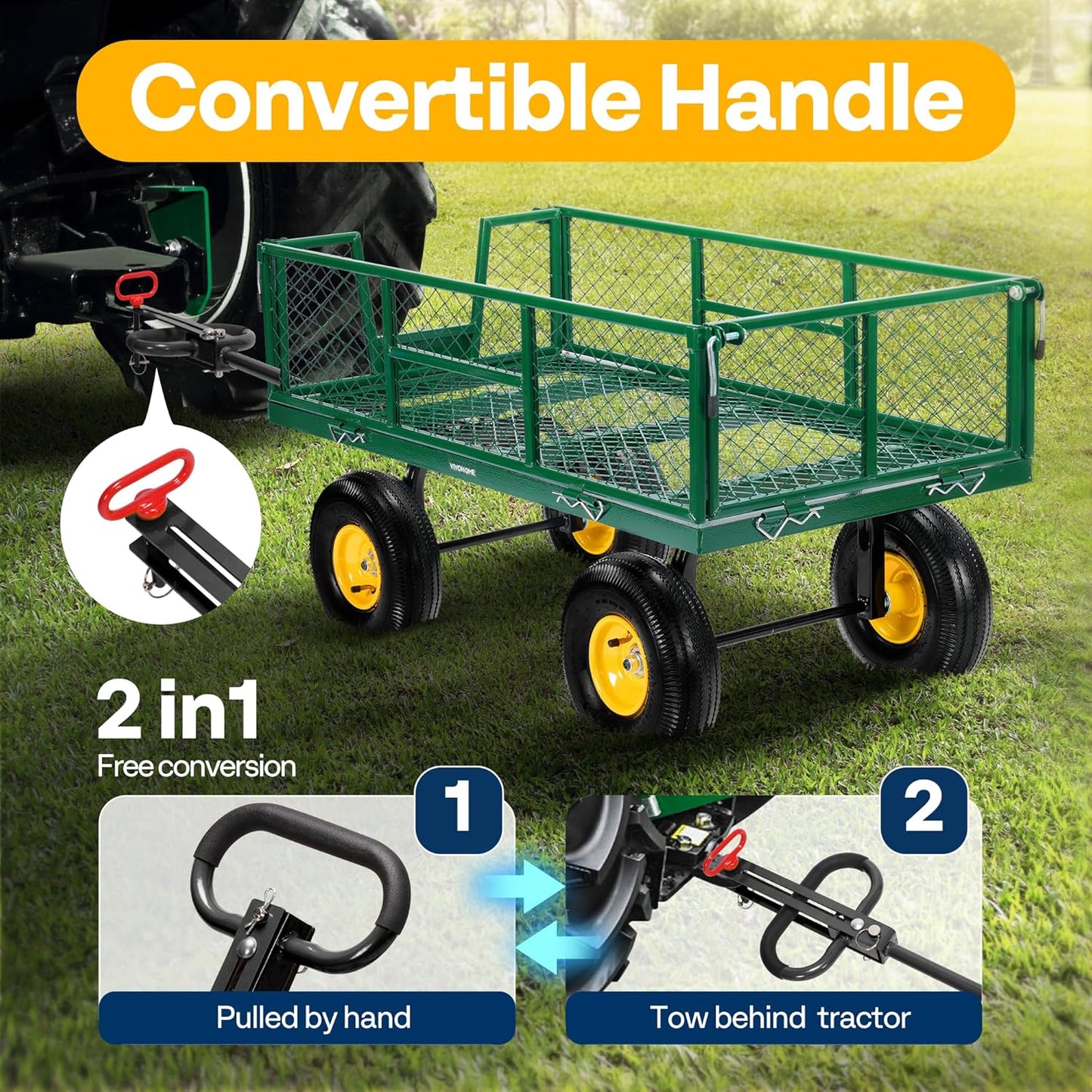 VIVOHOME Garden Cart Steel Heavy Duty 900 LBS Yard and Garden Wagon with 10 inch Tire and Handle Attach to ATV or Tractor Green