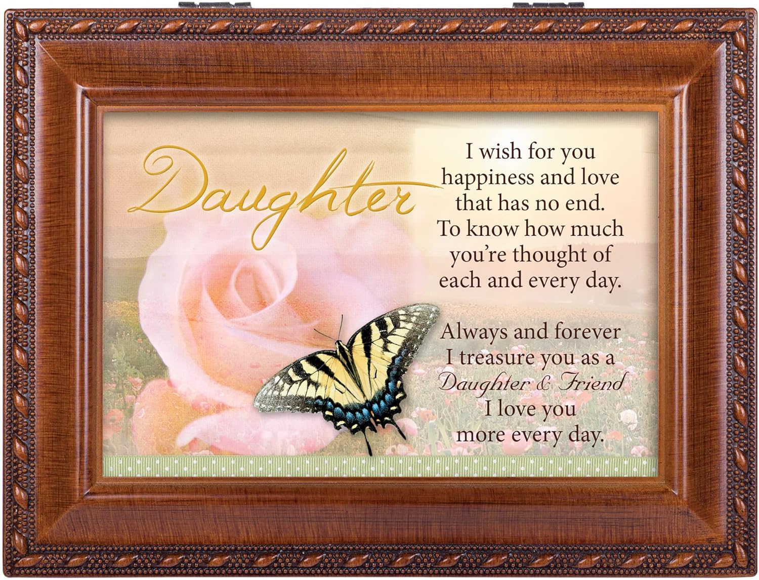 Cottage Garden Daughter I Wish Happiness Love Woodgrain Rope Trim Jewe