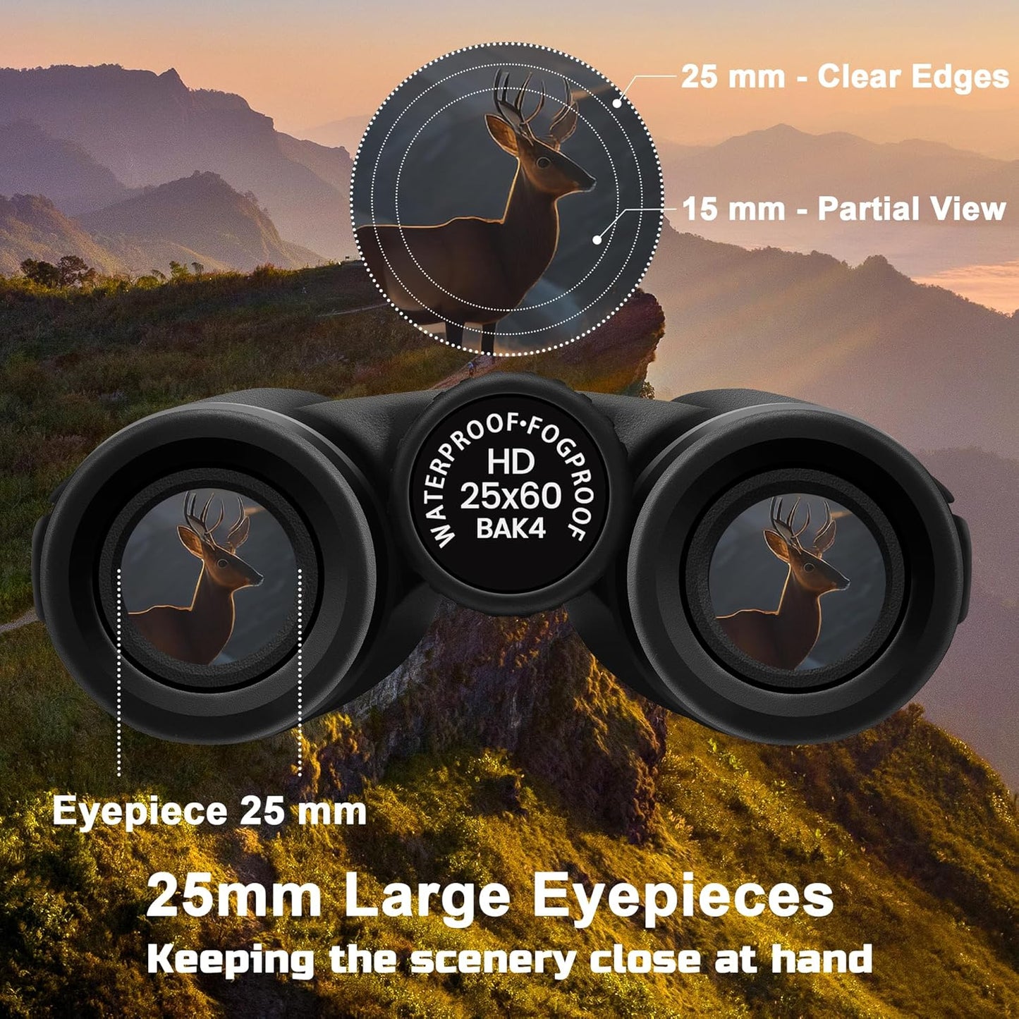 High Power 25X60 Binoculars for Adults Waterproof 60mm Big Eyepiece Fogproof Binoculars with BAK4 Prism FMC Lens for Outdoor Stargazing Hunting Traveling Wildlife Bird Watching (Black)