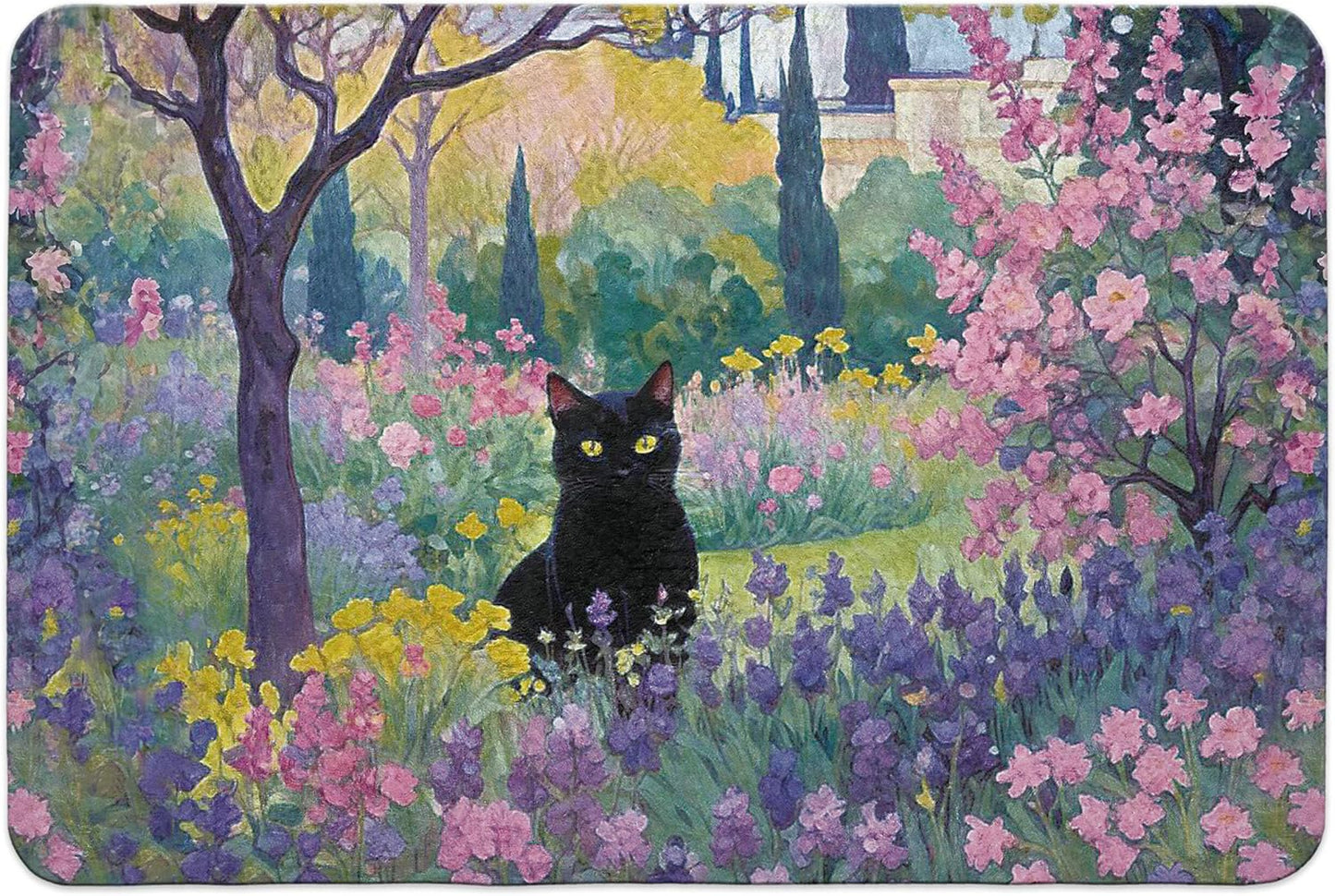 Spring Garden Black Cat Dish Drying Mat，Cat Lover Gifts, Vintage Floral Black Kitten Dishes Dry Coffee Mats for Kitchen Counter Coffee Maker, 16x24 Inch