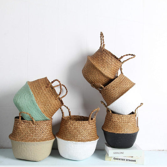 Woven Seagrass Belly Basket for Storage, Laundry, Picnic, Plant Pot Cover, and Grocery and toy storage (Small, Black)