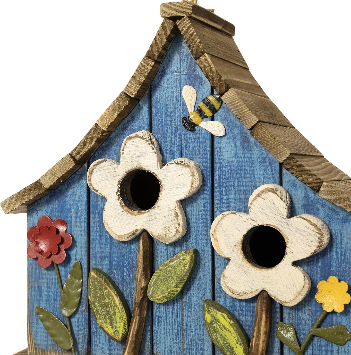 Glitzhome 10.5" H Hanging Birdhouse Washed Blue Distressed Decorative Wooden Two-Story Townhouse with 3D Flowers for Outside
