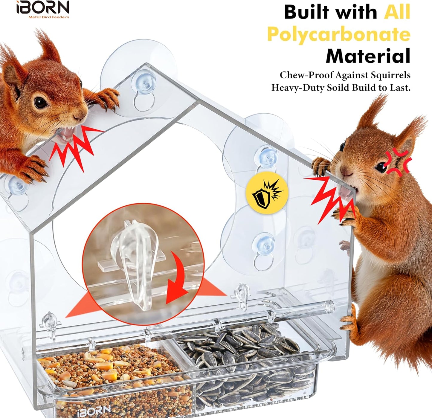 iBorn 2026 New Window Bird Feeders for Outdoors Wind-Proof Tray Lock,Cardinal Bird Feeder with Strong Suction Cups for Window Birds Watching, Chewproof PC, for Parent &Child
