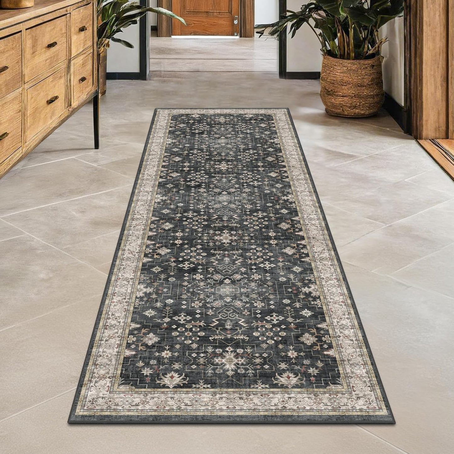 Black Boho Washable 2x6 Runner Rugs for Hallway Kitchen Bedroom Beside