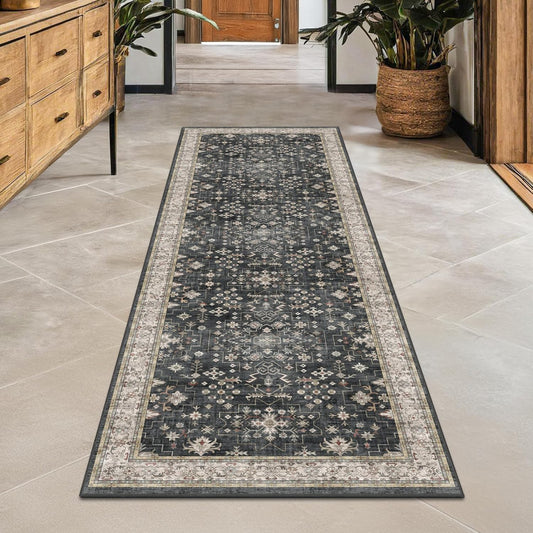 Black Boho Washable 2x6 Runner Rugs for Hallway Kitchen Bedroom Beside