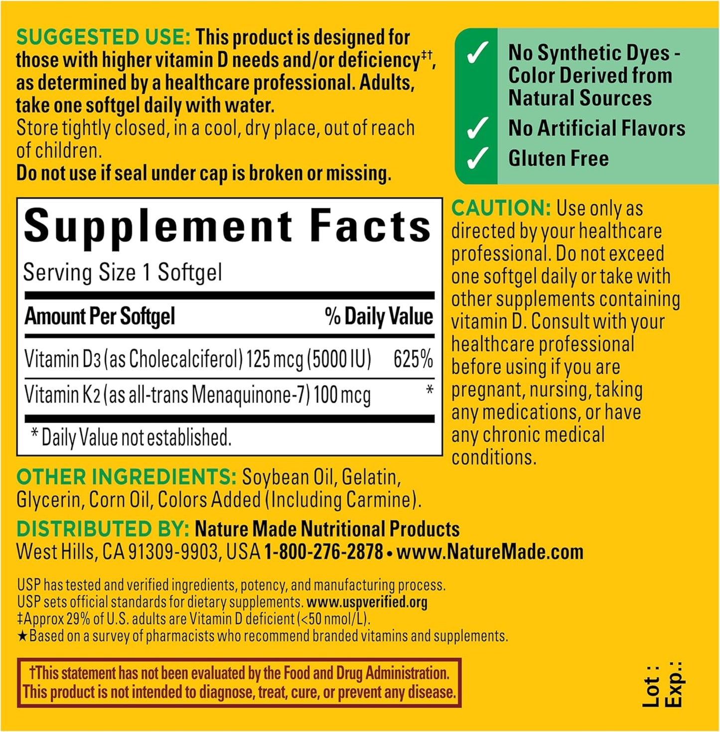 Nature Made Vitamin D3 K2 Supplement, 5000 IU (125 mcg) Vitamin D for 
