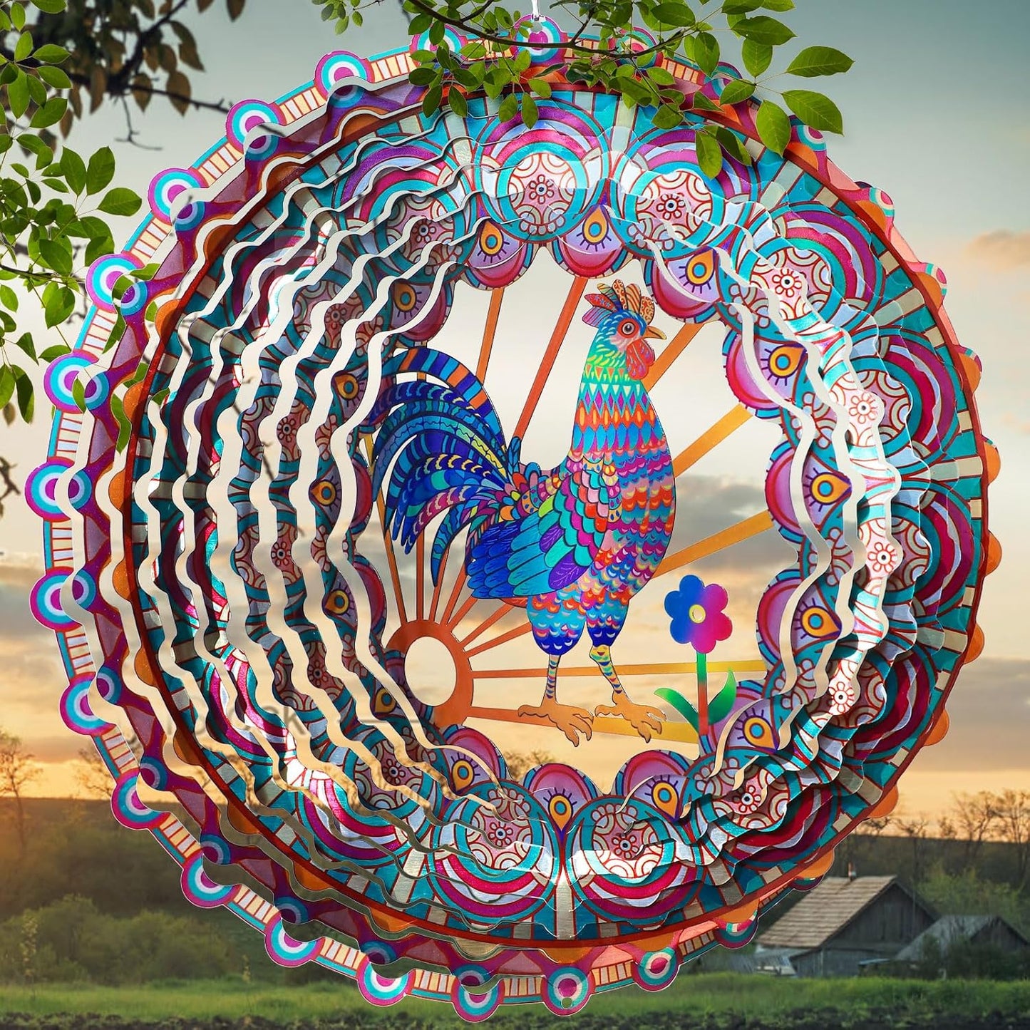 Rooster Kinetic Wind Spinner - 12-Inch 3D Holographic Metal Hanging Sc