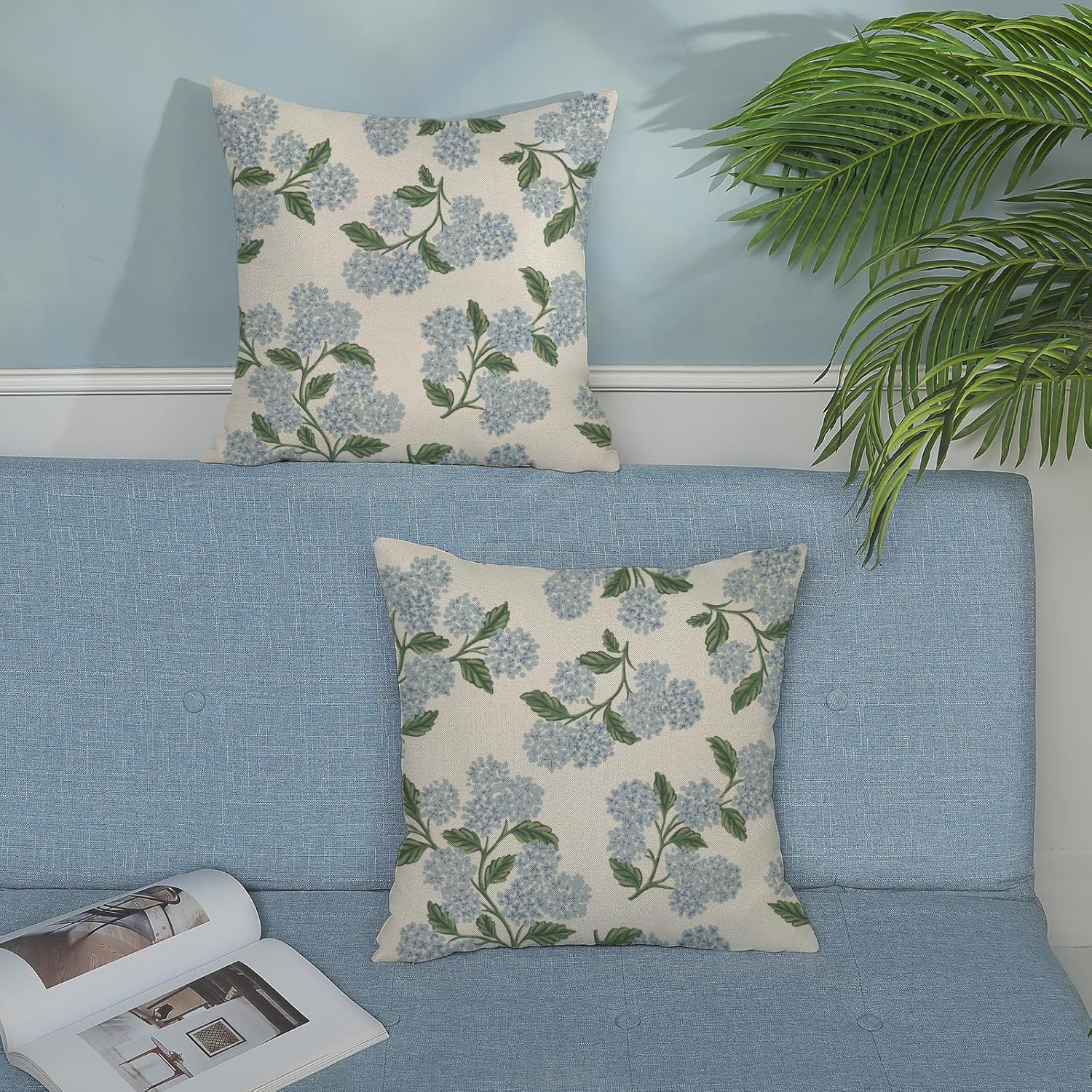 Spring Pillow Covers 18x18 Inch 2 Pcs Blue Green Hydrangea Flower Deco