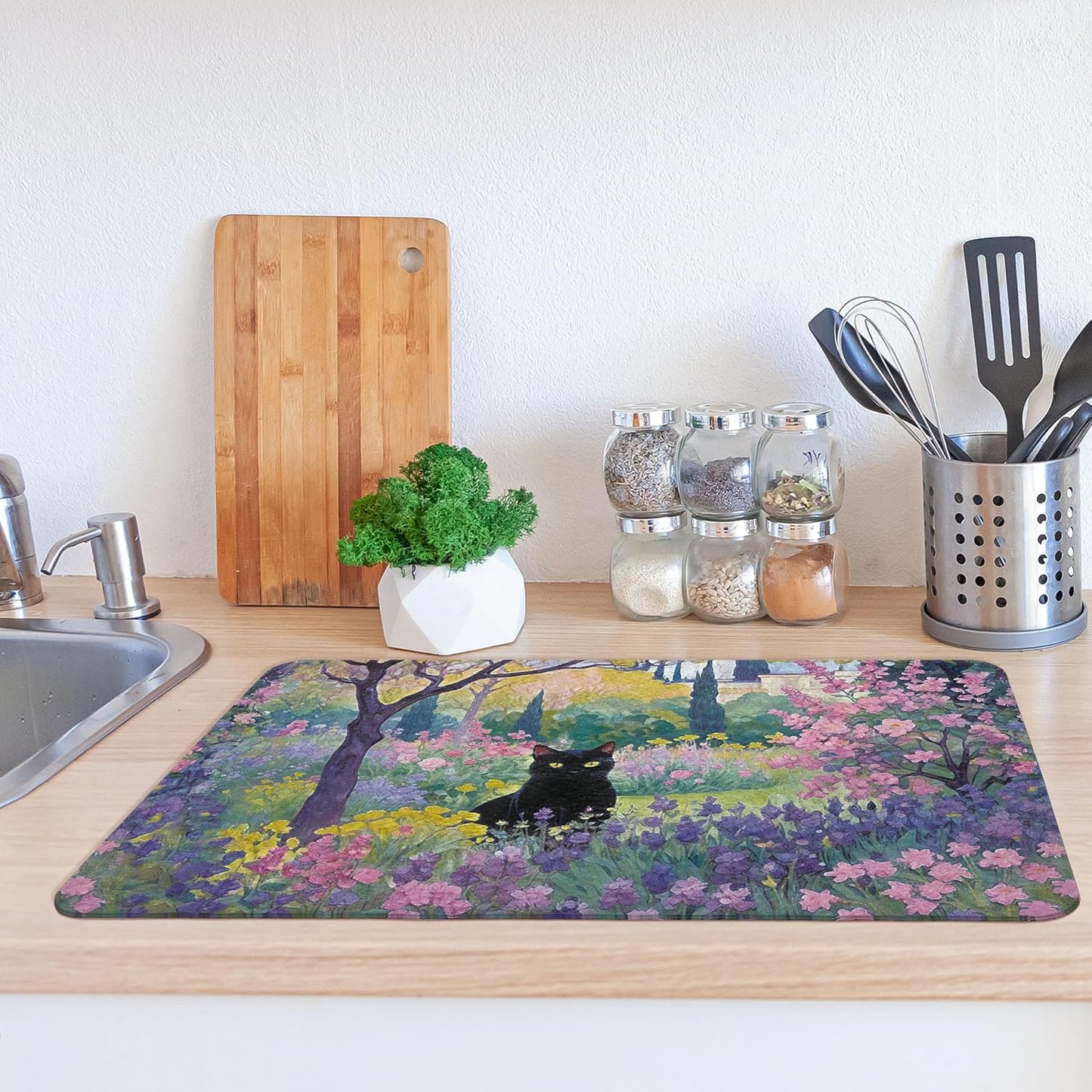 Spring Garden Black Cat Dish Drying Mat，Cat Lover Gifts, Vintage Floral Black Kitten Dishes Dry Coffee Mats for Kitchen Counter Coffee Maker, 16x24 Inch
