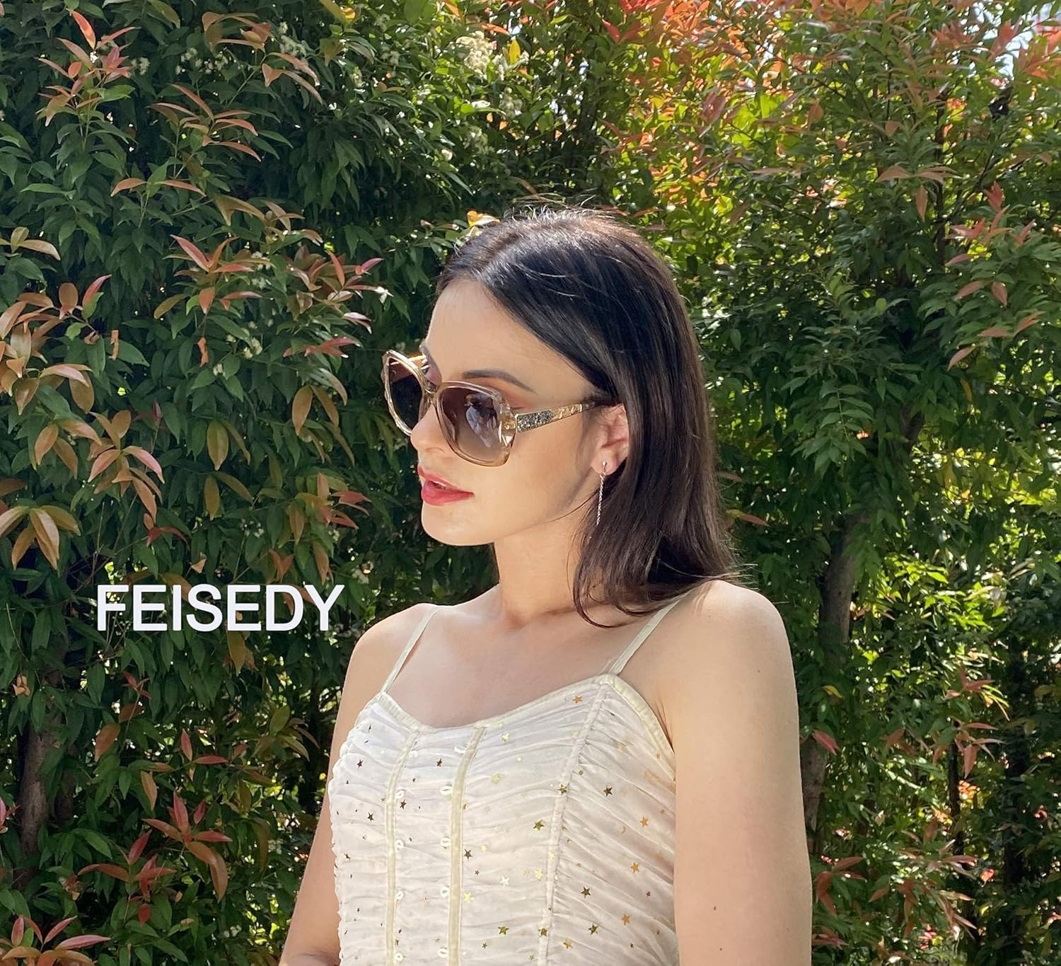 FEISEDY Polarized Women Square Sunglasses Sparkling Composite Shiny Fr