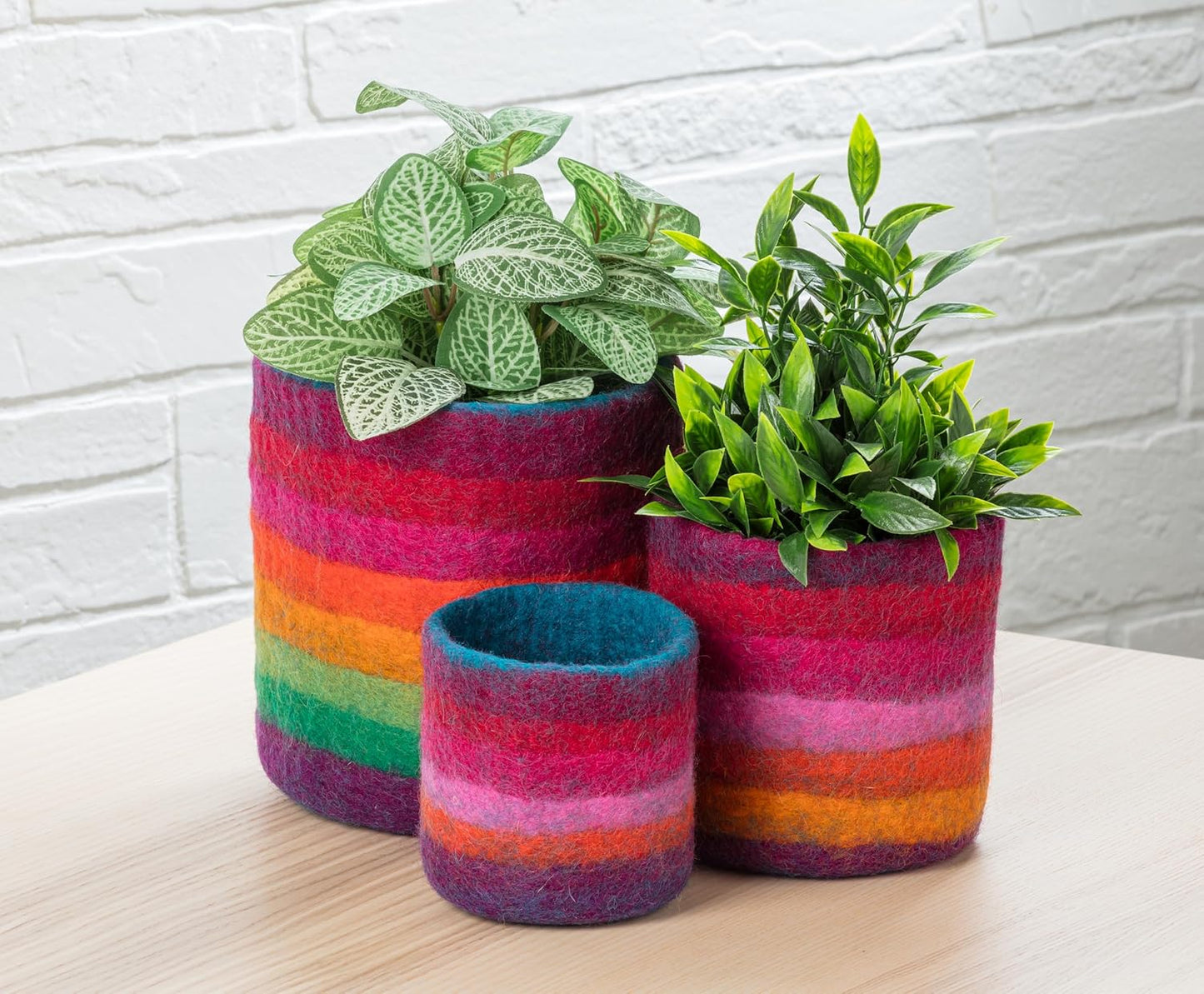 Abbott Collection Nepal Rainbow Stripe Planters/Storage Pots. Set of 3 - Wool Felt, Multicolor (4-7" D)