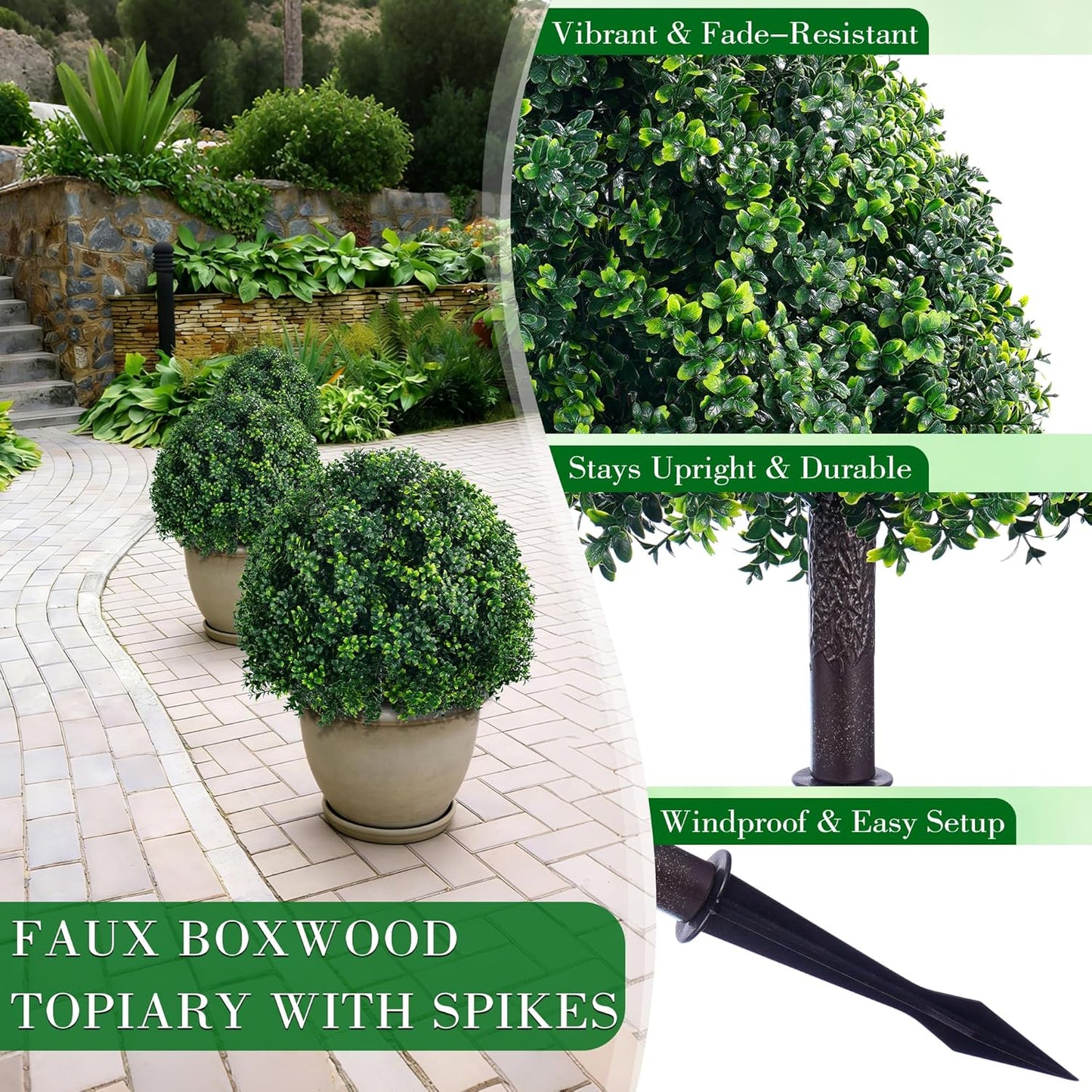 28 Inch Artificial Boxwood Trees, 2 Sets Faux Boxwood Topiary with Spikes, Pot Filler Fake Shrubs Plants for Outdoor Planters, Round Topiary Bush Balls Front Porch Home Garden Spring Decor