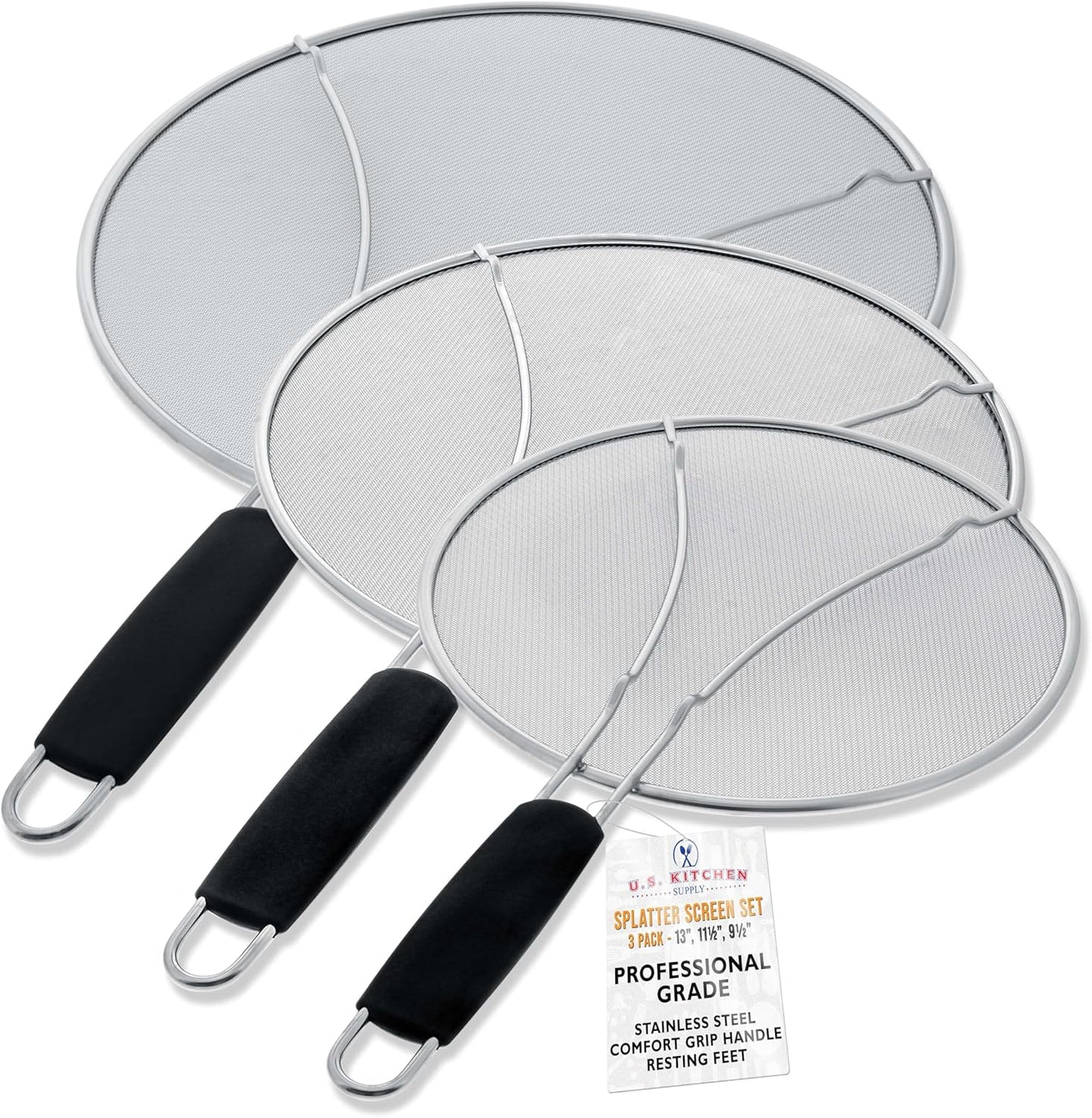 U.S. Kitchen Supply 3피스 스테인리스 스틸 스플래터 가드 세트 (33cm(13인치), 29.2cm(11.5인치), 24.1cm(9.5인치)) 파인 메시 커버, 그리스 및 오일, 프라이팬, 요리 냄비용 튀김 스크린, 휴식 발 및 편안한 그립 핸들 포함