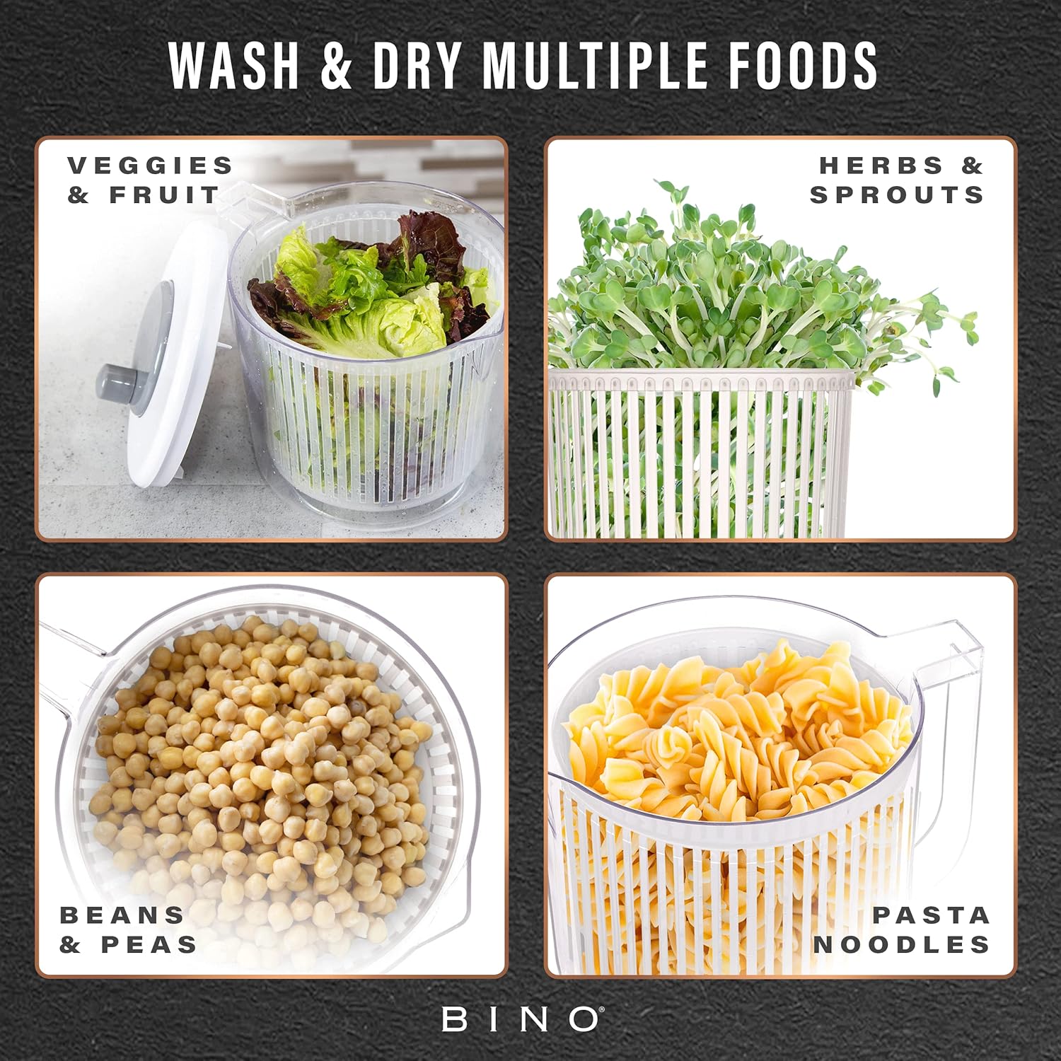 BINO | Salad Spinner - 2.6 Qt | Small Manual Lettuce Spinner with Buil
