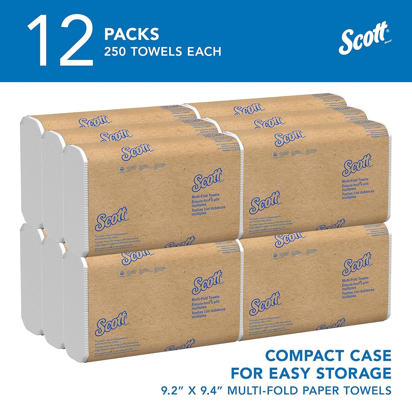 Scott Professional Universal Multifold Paper Towels, Bulk (03650), Absorbency Pockets, White, 9.2"x9.4" Towel, Compressed, Compact (250 Sheets/Pack, 12 Packs/Case, 3,000 Sheet Total)