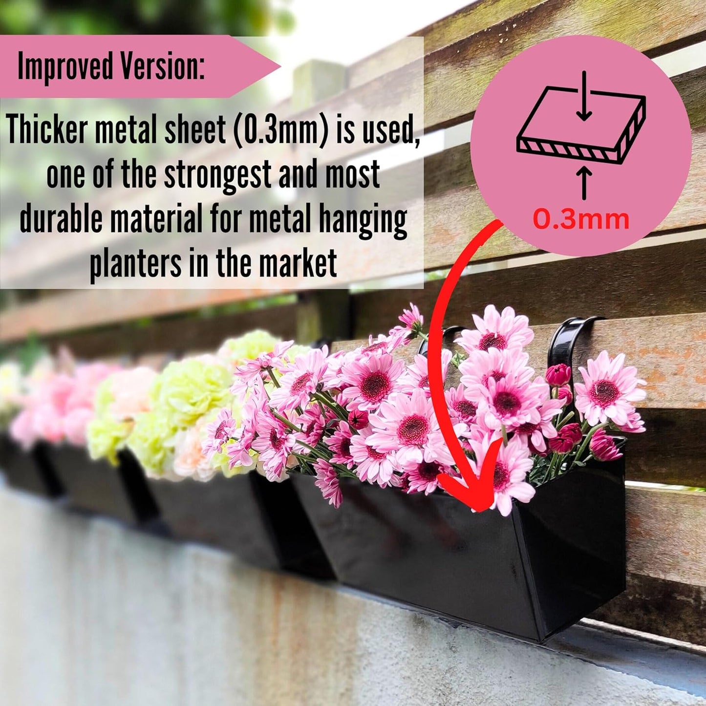 LaLaGreen Railing Planter (4 Pack, 14 Inch) Black Metal Rectangle Hanging Flower Pots Balcony Bucket Deck Rail Fence Trendy Long Strawberry Succulent Plant Holder Farmhouse Countryside Style Outside