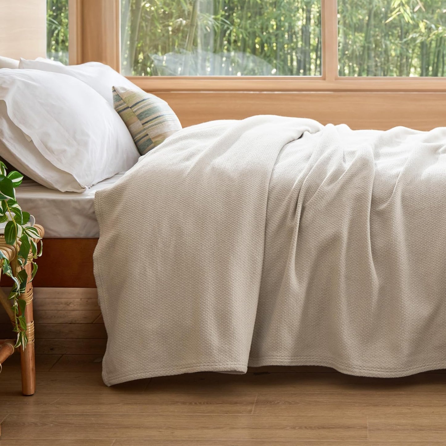 Bedsure GentleSoft 100% Cotton Blanket Queen Size for Bed - Breathable and Lightweight, Soft Cozy Textured Herringbone Woven Blanket for Summer Spring, Linen Beige, 90x90 inches