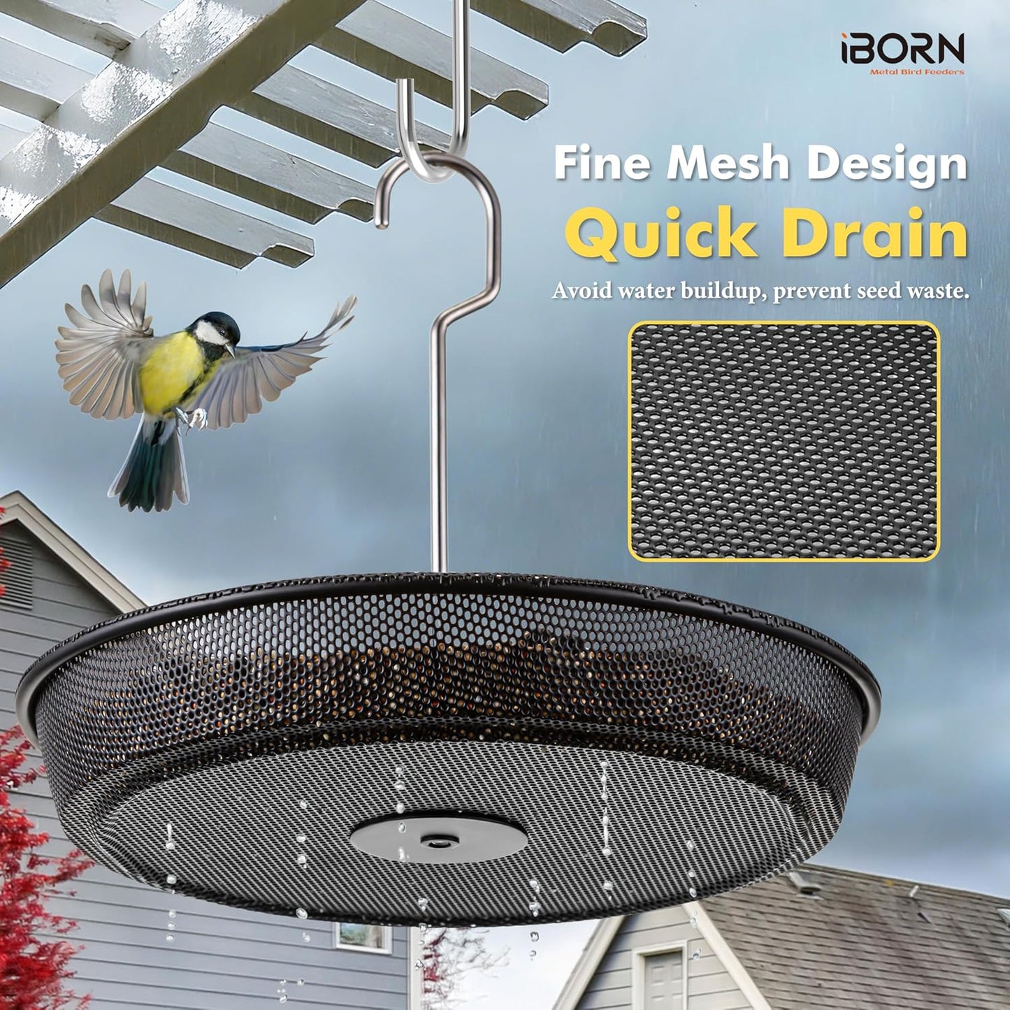 iBorn Hanging Bird Feeder Tray, Metal Mesh Bird Feeder Bowl with Thick Metal Hanger, Sturdy & Durable for Outdoors, Easy to Refill & Clean, Pack of 1, Black