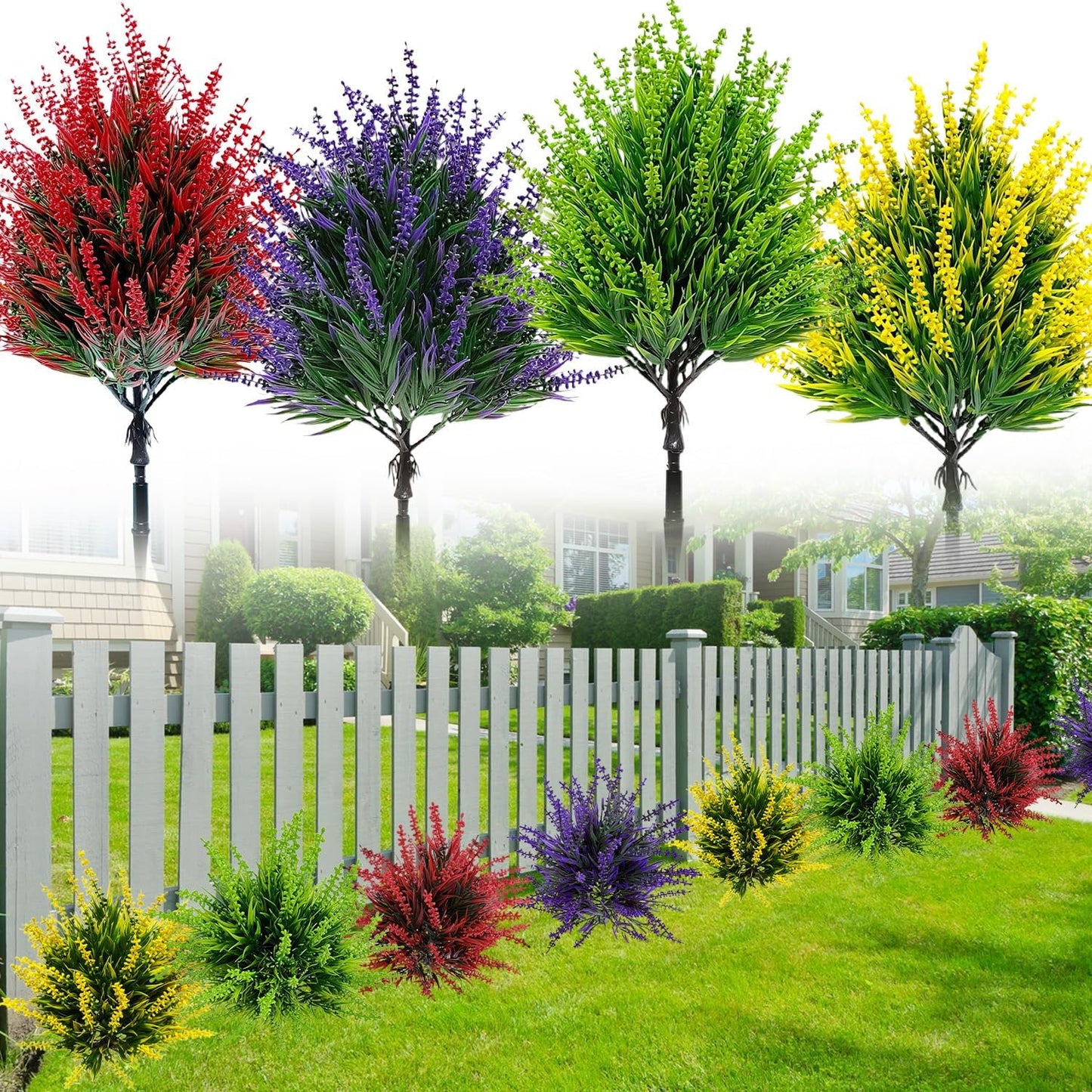 4 Pack Artificial Lavender Topiary Ball with Spike,Outdoors UV Resistant Fake Shrubs Greenery,Plastic Faux Plants Flower Bushes for Porch Yard Garden Indoor Planter Spring Decoration-Multicolor